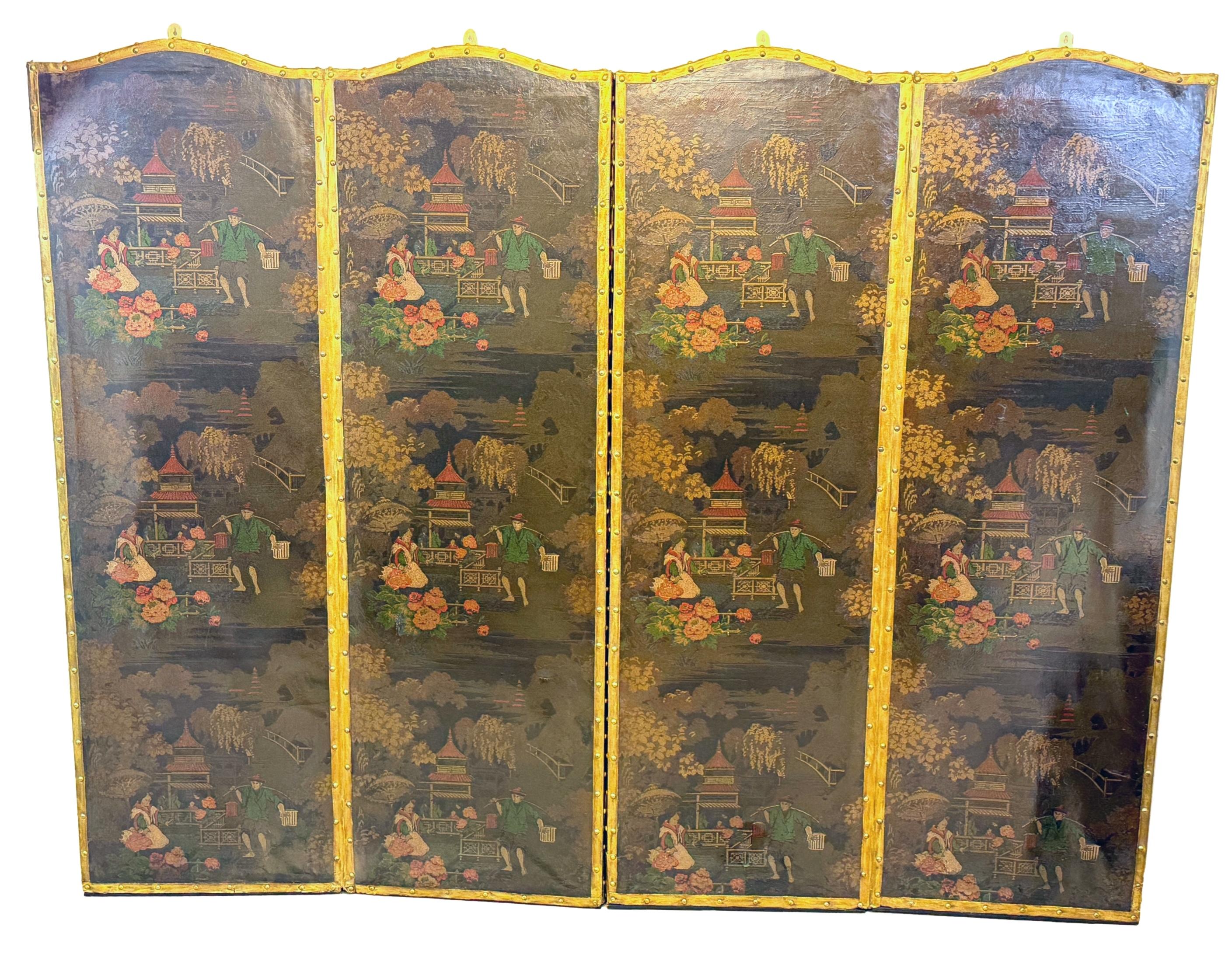 Vittoriano Paravento a quattro pieghe in pelle Chinoiserie del XIX secolo in vendita