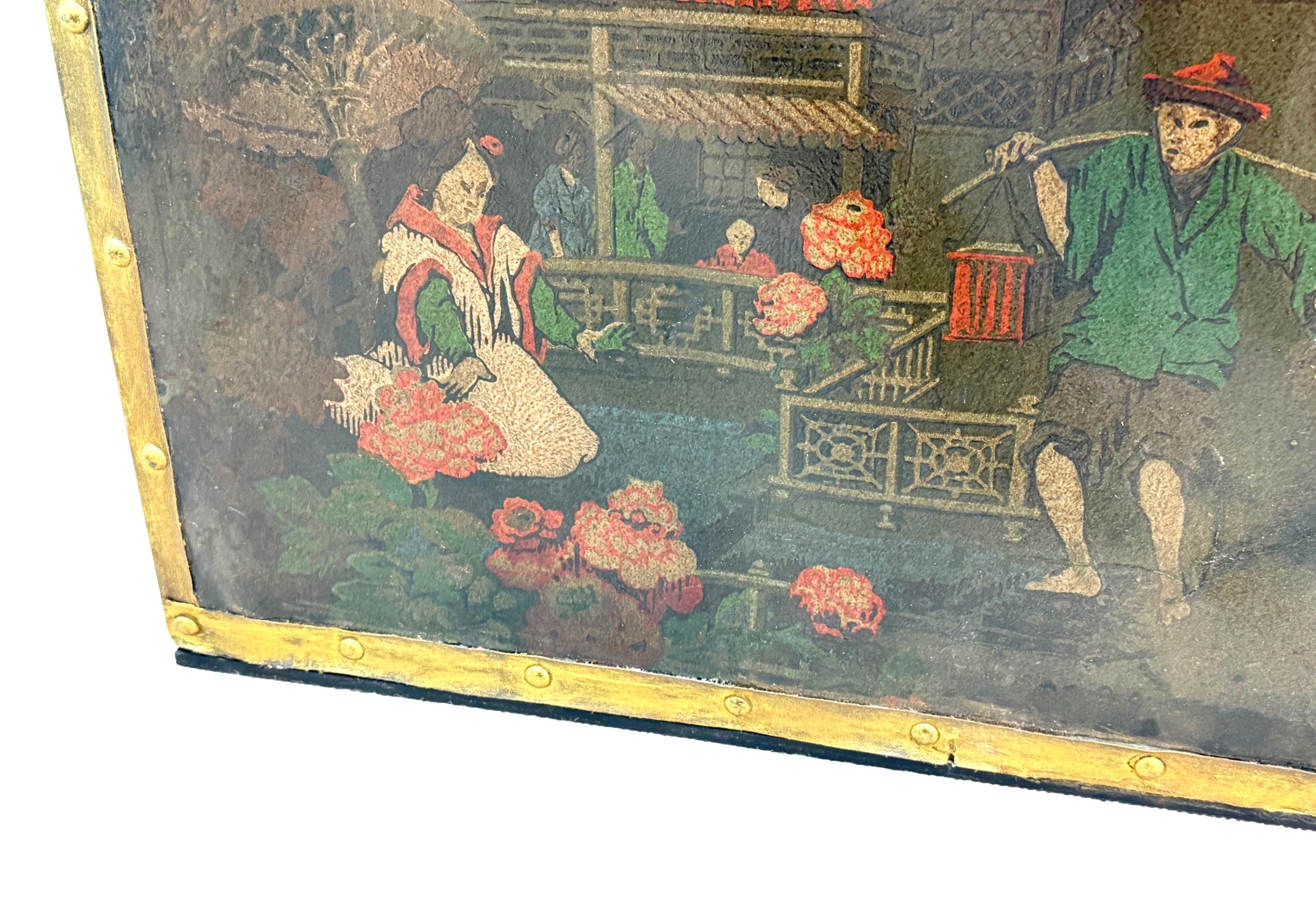 Paravento a quattro pieghe in pelle Chinoiserie del XIX secolo in vendita 1