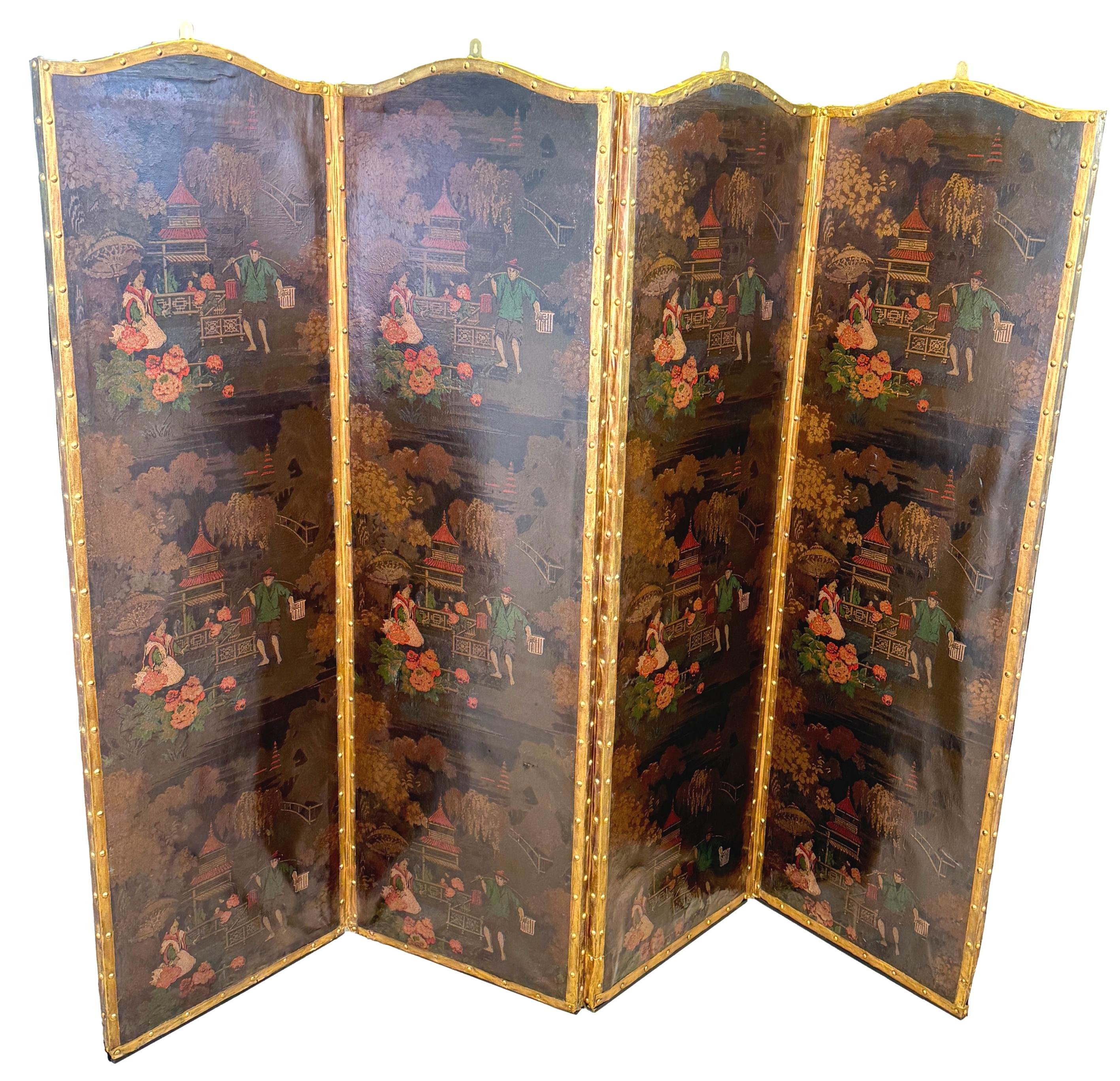 Paravento a quattro pieghe in pelle Chinoiserie del XIX secolo in vendita 3