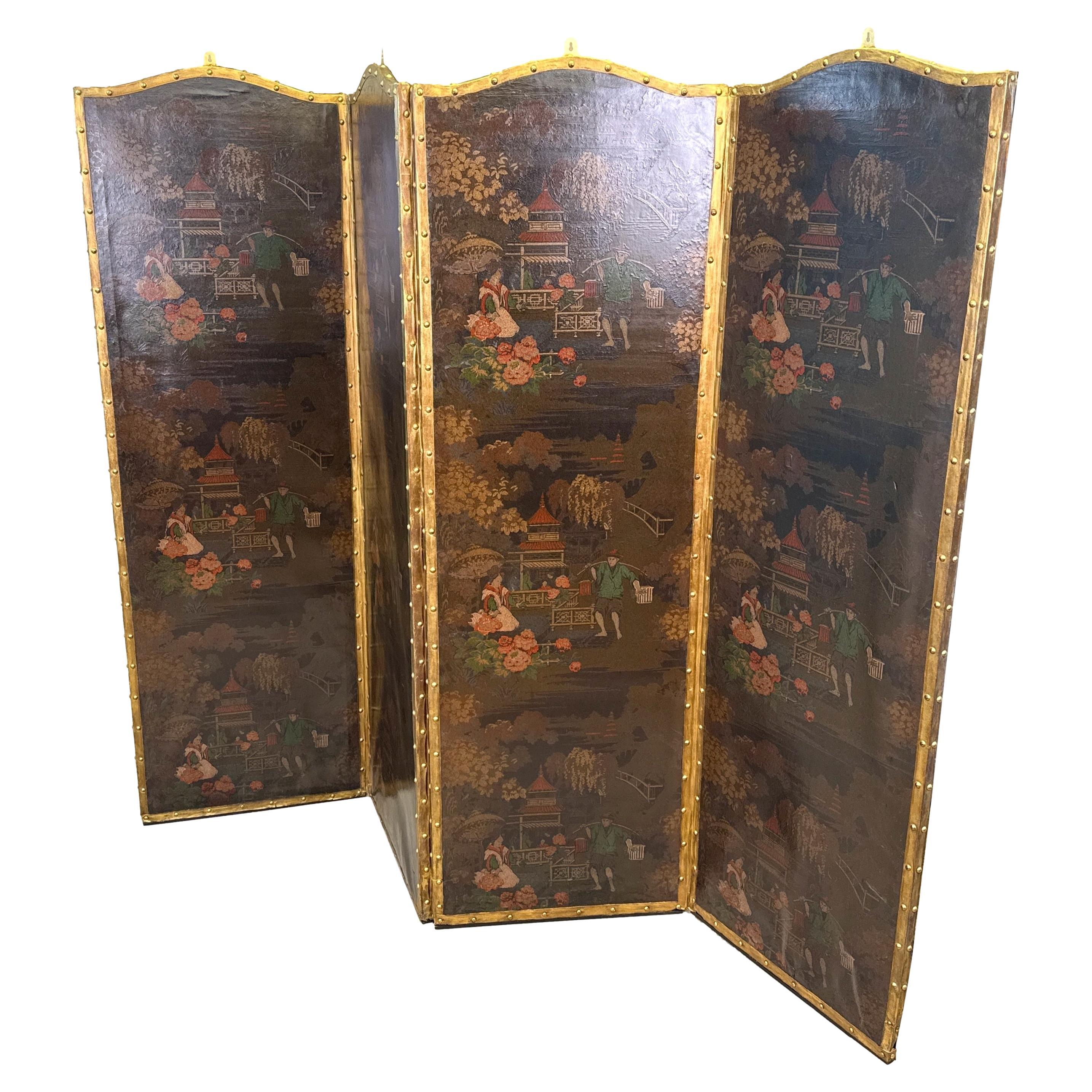 Four Fold 19th Century Chinoiserie Leather Screen