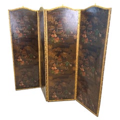 Biombo Cuádruple de Cuero Chinoiserie Siglo XIX