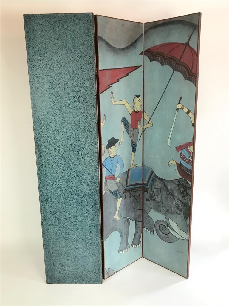 A wonderful and vibrant hand painted wooden four fold screen with hand painted images depicting a Thai folk tale story (Lakhon Nai) A magical contemporary version of a performing art originating in the Royal Thai Court. It is mainly blue with grey