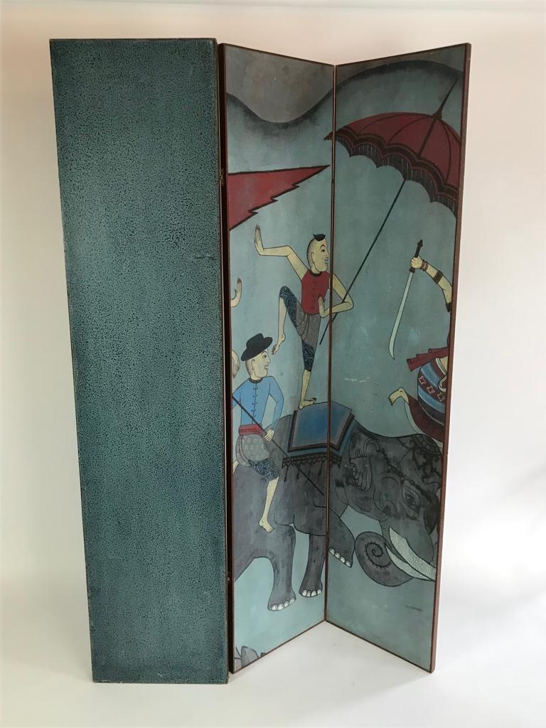 French Four Fold Hand Painted Screen Depicting a Thai Folk Story