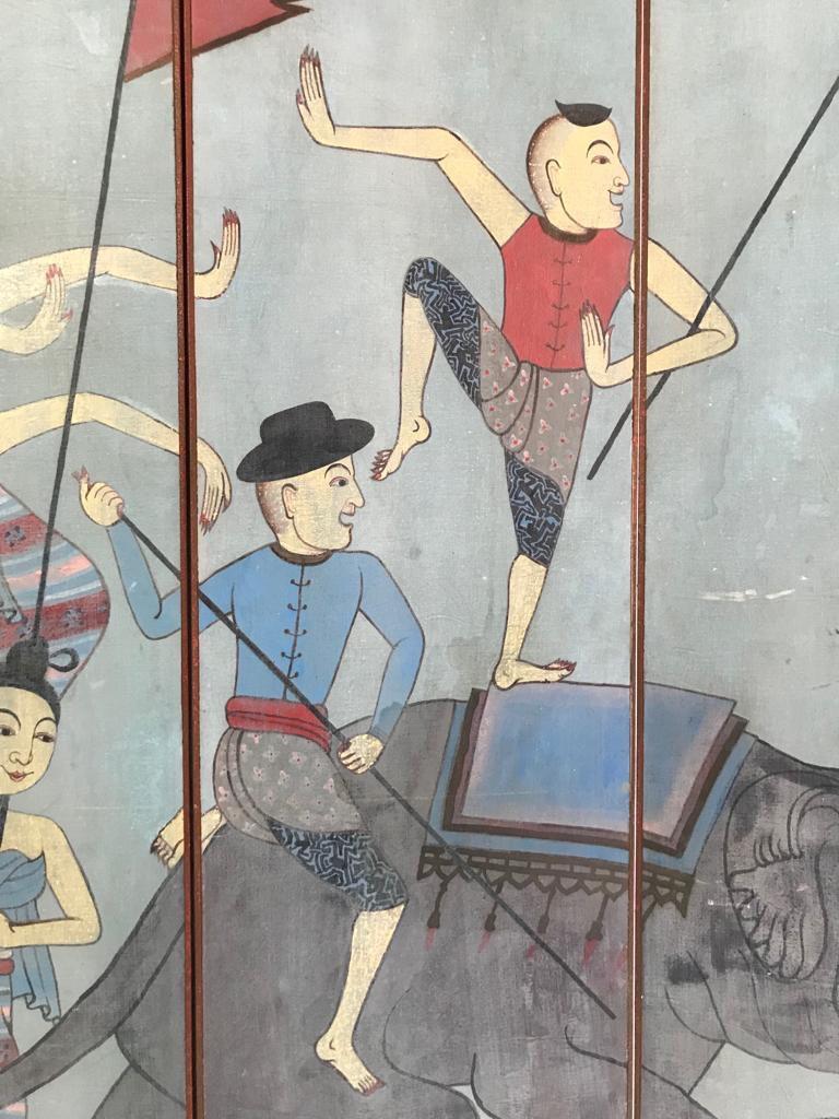 Four Fold Hand Painted Screen Depicting a Thai Folk Story In Good Condition In London, GB