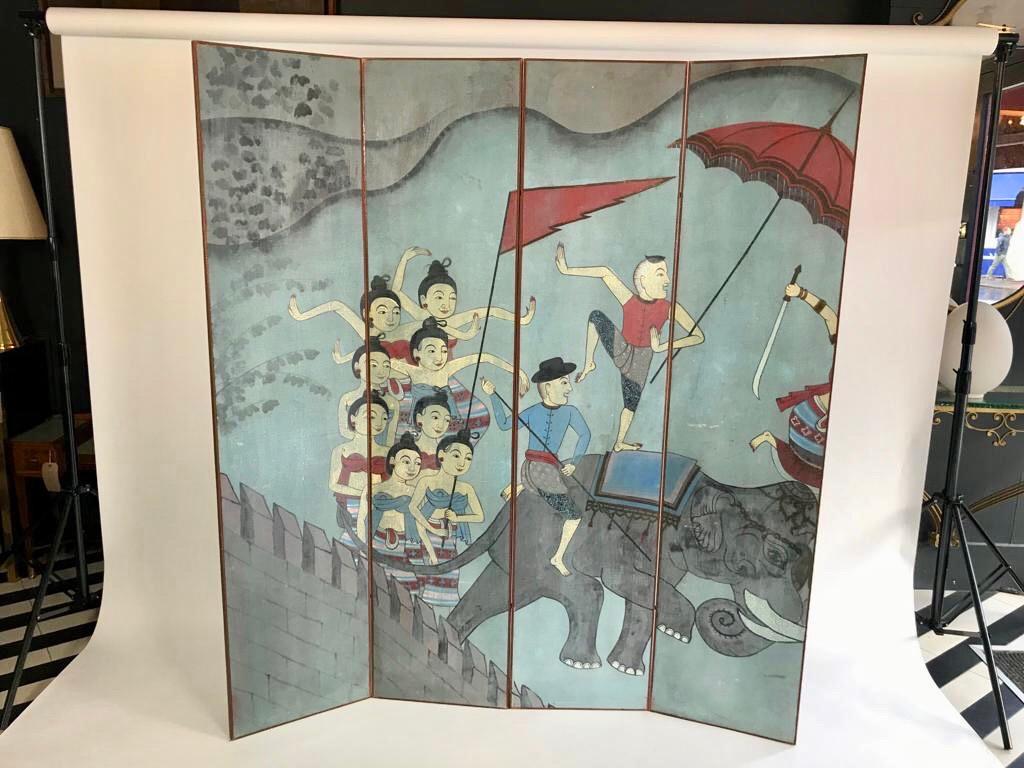 Wood Four Fold Hand Painted Screen Depicting a Thai Folk Story