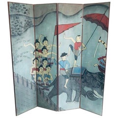 Four Fold Hand Painted Screen Depicting a Thai Folk Story