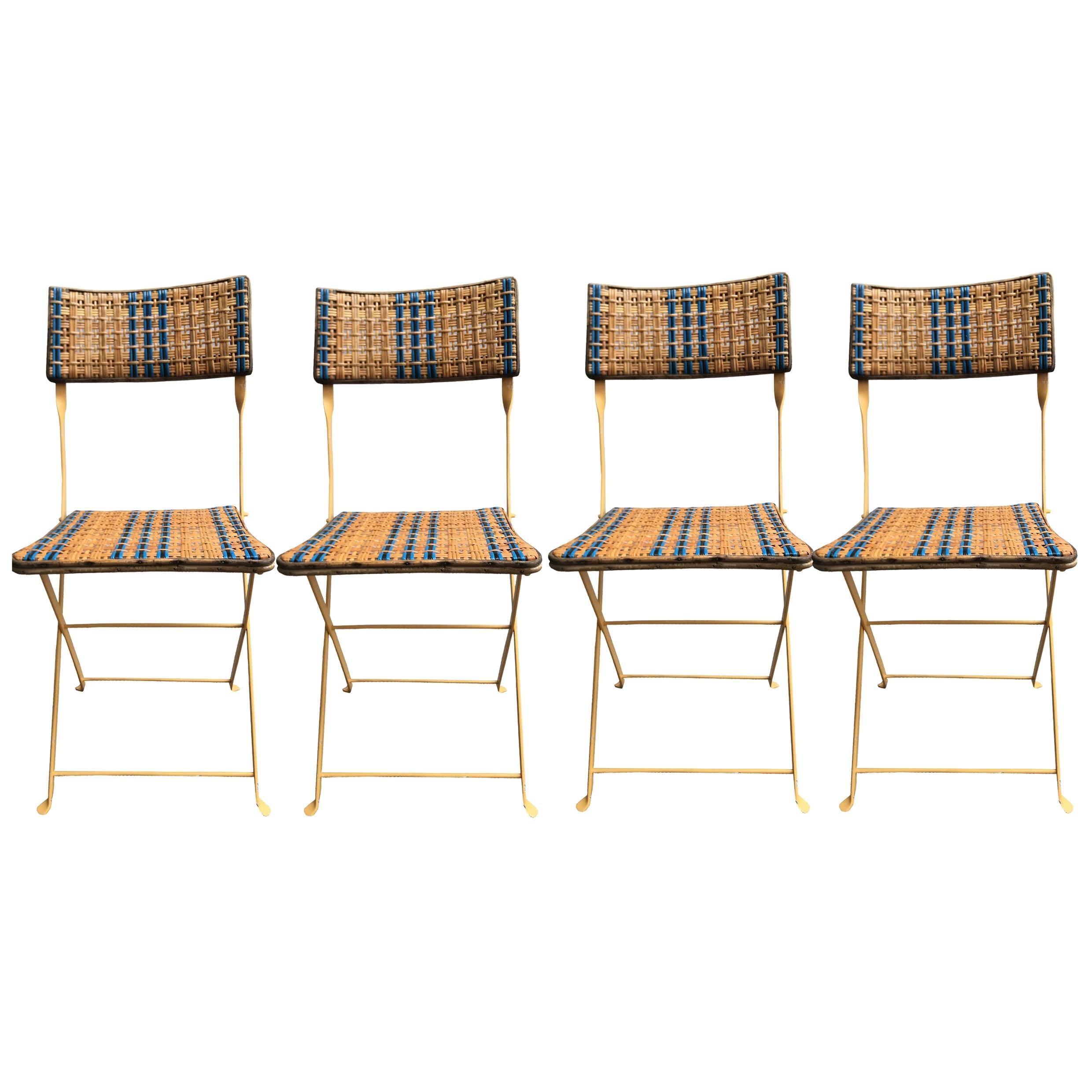 Four Foldable Garden Chairs in Rattan and Lacquered Iron For Sale