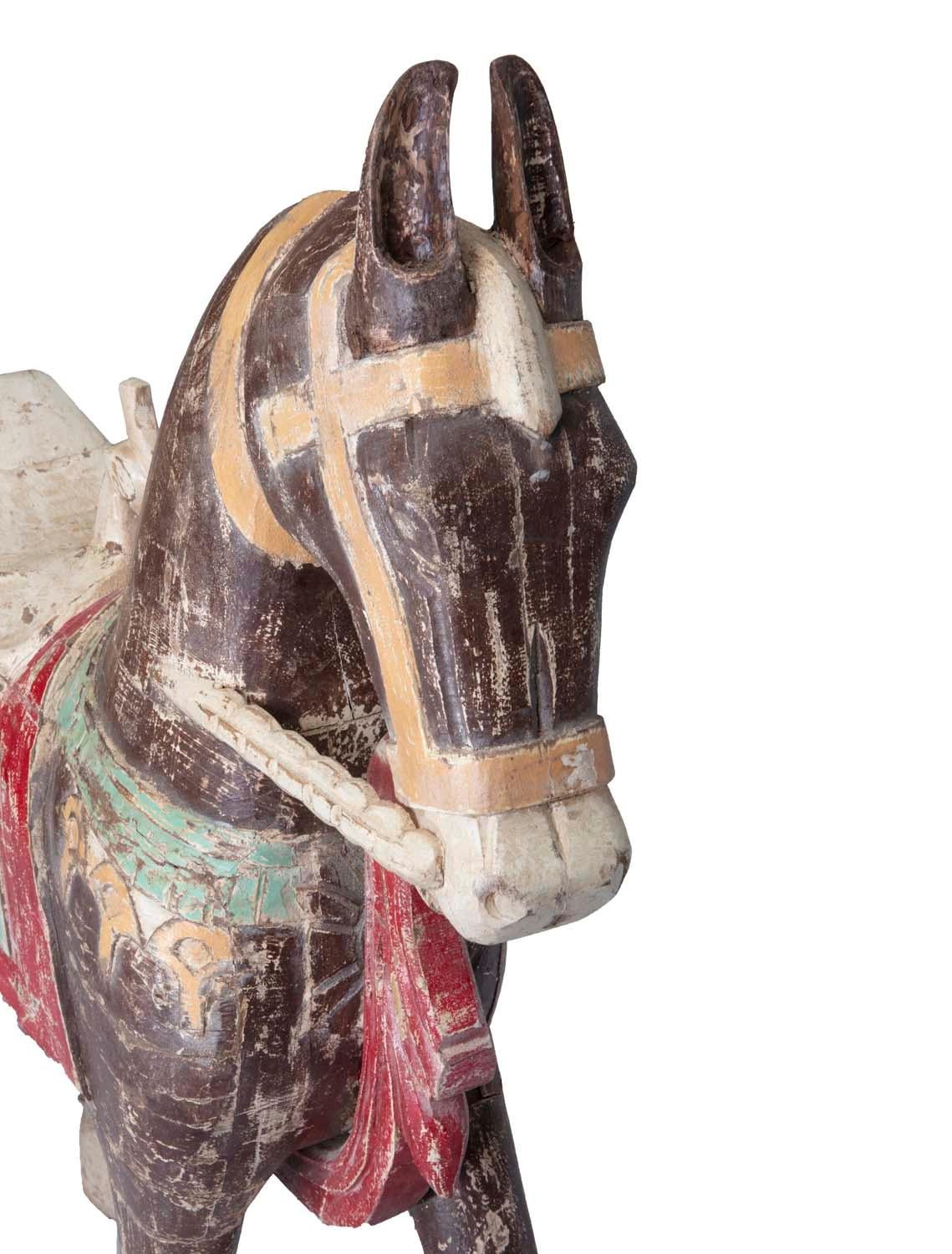 Anglo Raj Four Foot Tall Antique Hand-Painted Wooden Horse with Bird Saddle from India For Sale