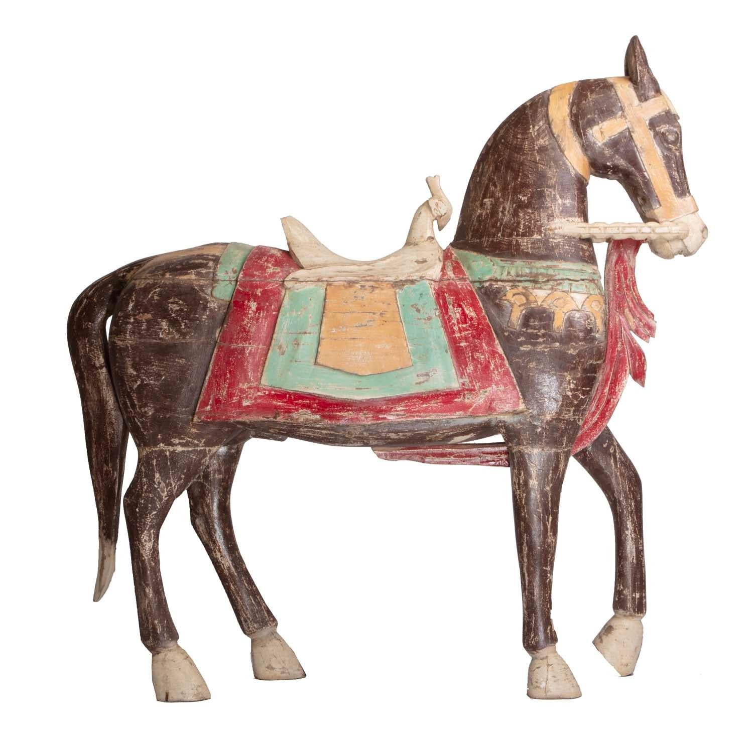 Indian Four Foot Tall Antique Hand-Painted Wooden Horse with Bird Saddle from India For Sale