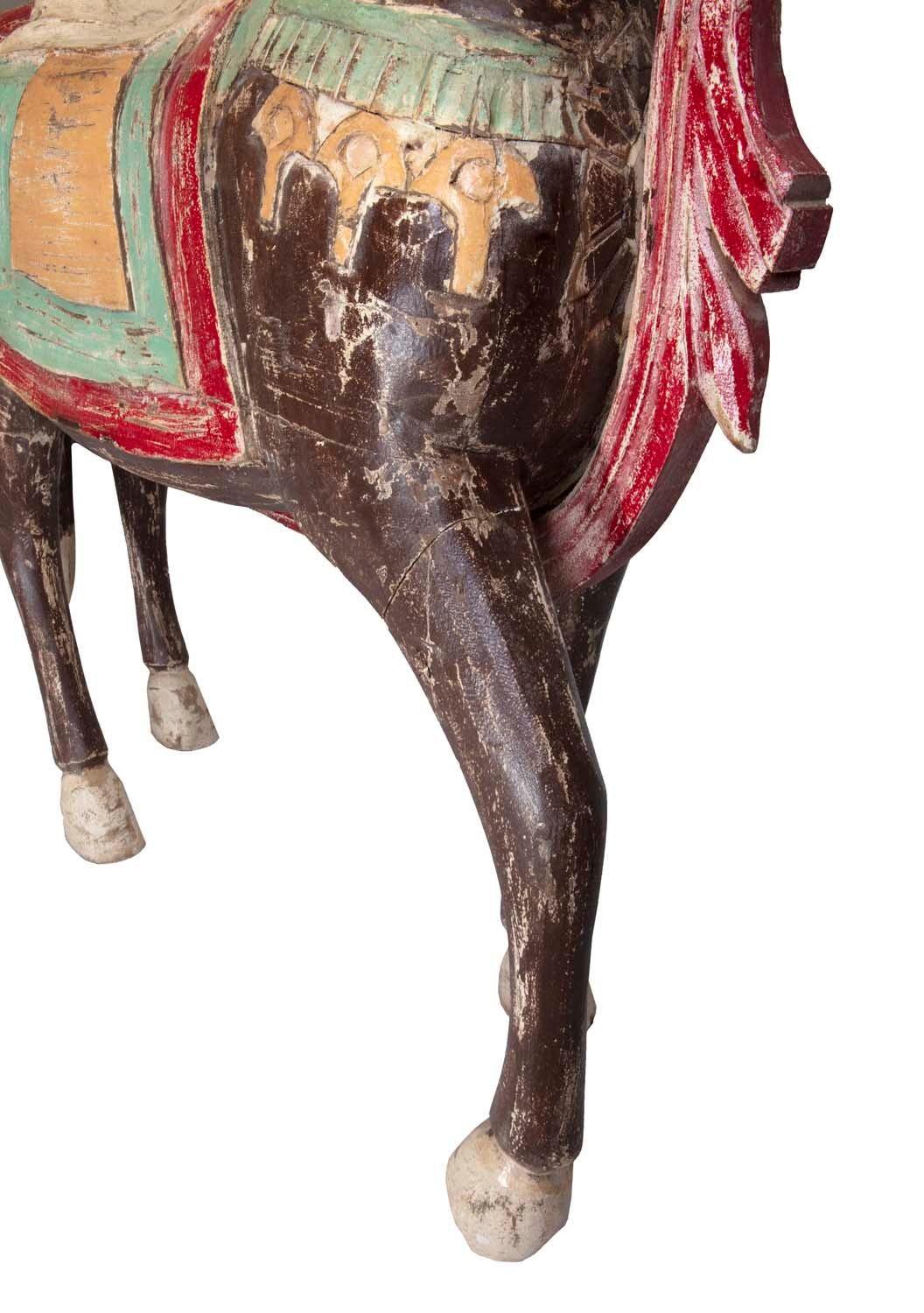 Anodized Four Foot Tall Antique Hand-Painted Wooden Horse with Bird Saddle from India For Sale