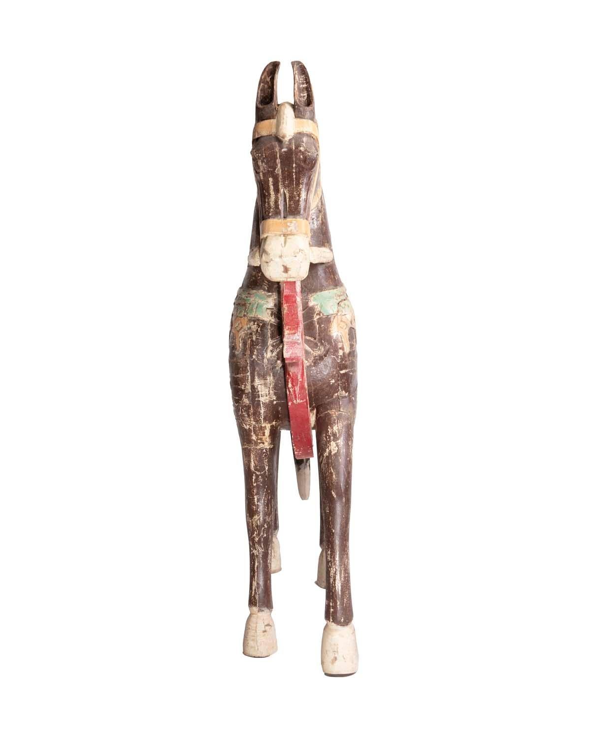 Carved Four Foot Tall Antique Hand-Painted Wooden Horse with Bird Saddle from India For Sale