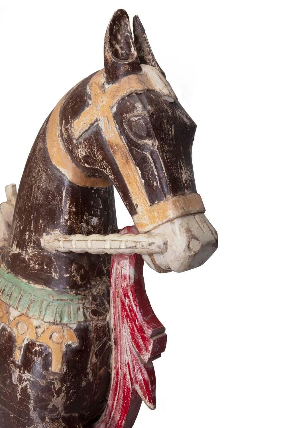 Four Foot Tall Antique Hand-Painted Wooden Horse with Bird Saddle from India In Fair Condition For Sale In Asheville, NC