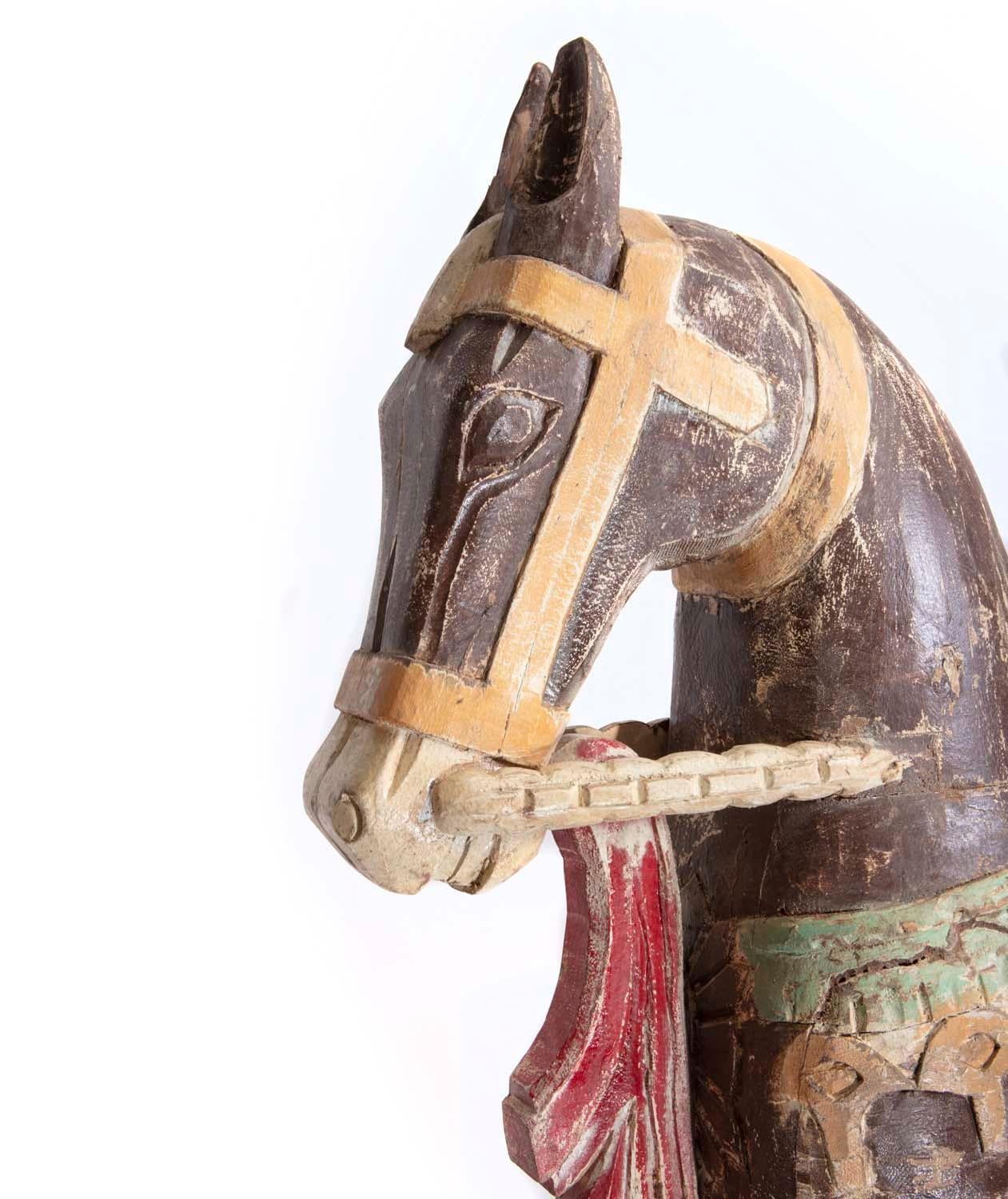 20th Century Four Foot Tall Antique Hand-Painted Wooden Horse with Bird Saddle from India For Sale