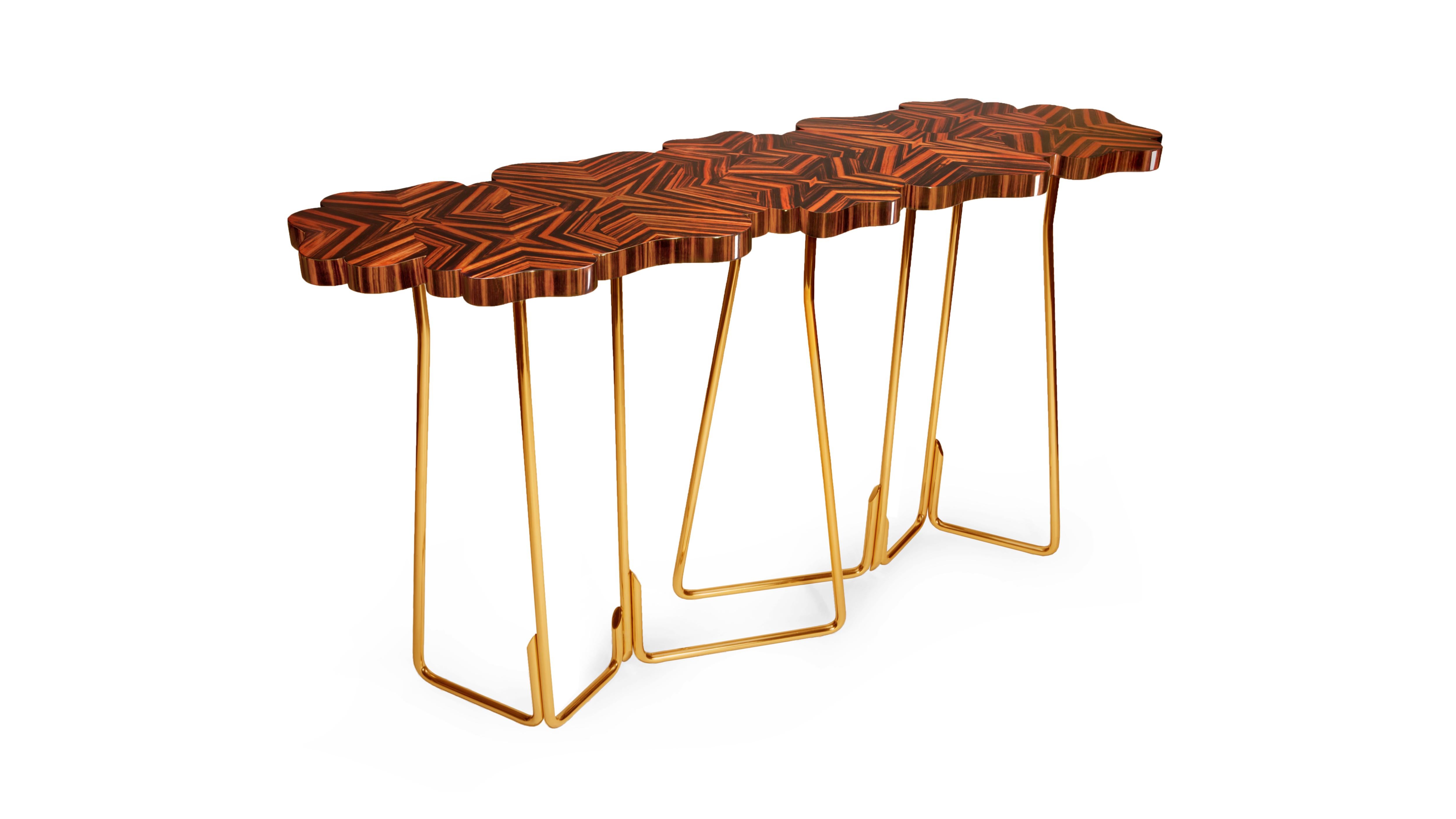 Four... For Luck Ebony Console by InsidherLand
Dimensions: D 45 x W 150 x H 90 cm.
Materials: marquetry work in ebony veneer, solid polished brass.
50 kg.
Also available in rosewood.

Continuing the interpretation of the Legend of the four leaf