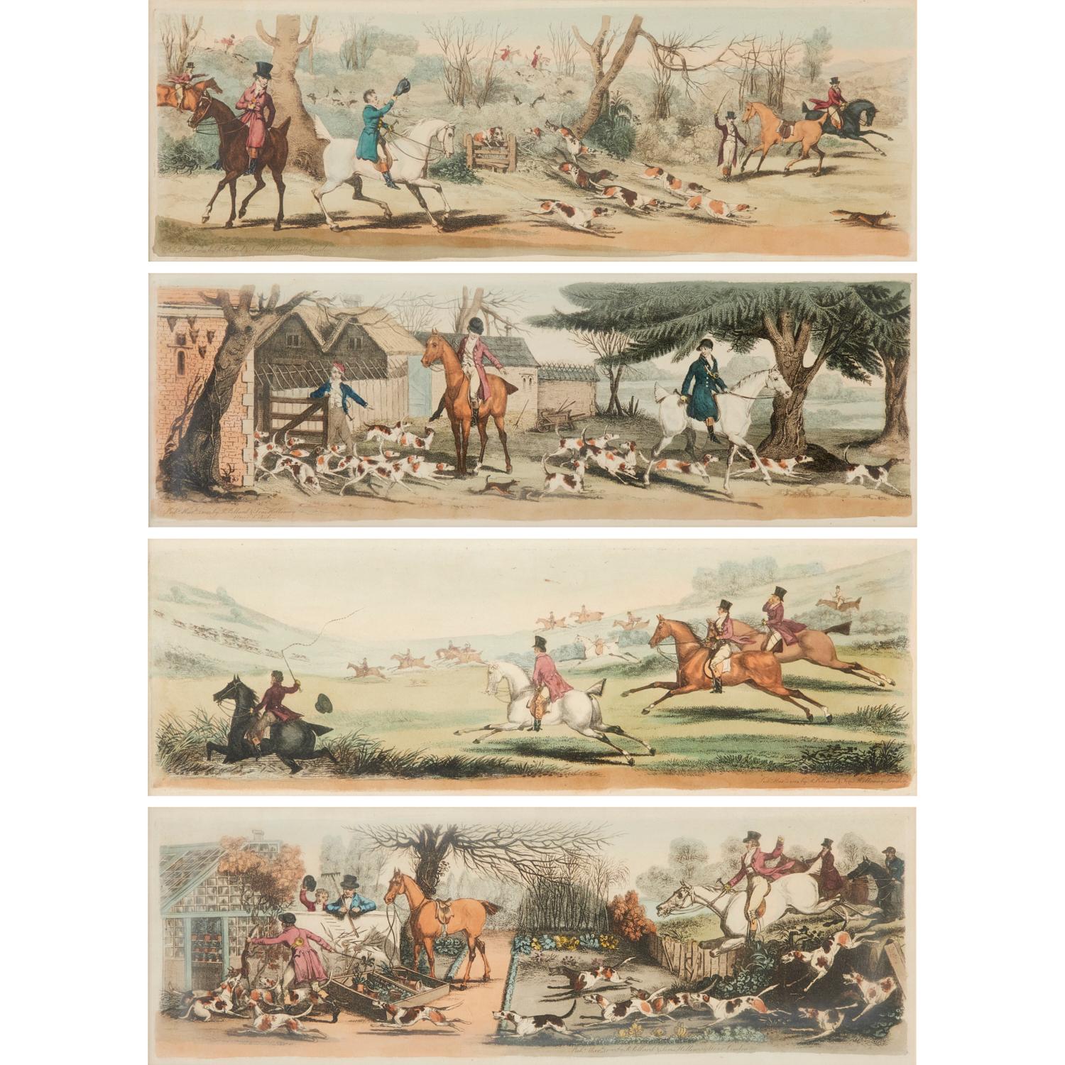 British, R. Pollard & Sons, a set of (4) hand-colored engravings, dated 1822, of four fox hunting scenes, each identically matted and framed under glass. The scenes represent different stages of a hunt from releasing the hounds, galloping through