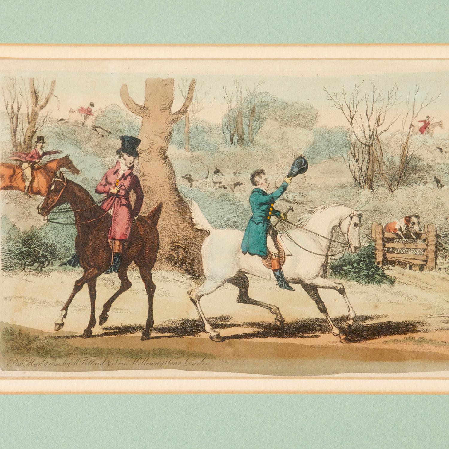 Early Victorian Four Framed Antique English Hand Colored Equestrian Engravings Pollard & Sons