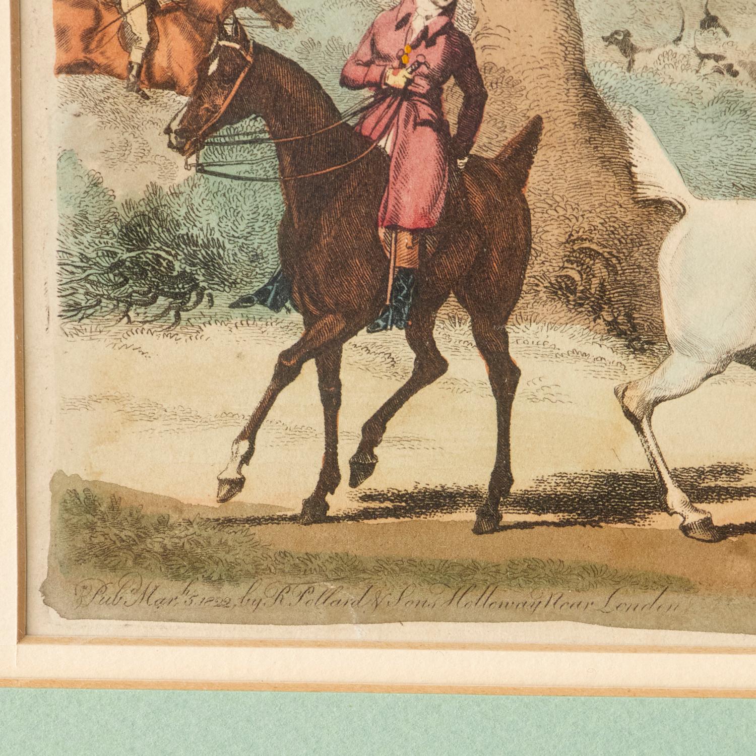 Four Framed Antique English Hand Colored Equestrian Engravings Pollard & Sons In Good Condition In Morristown, NJ