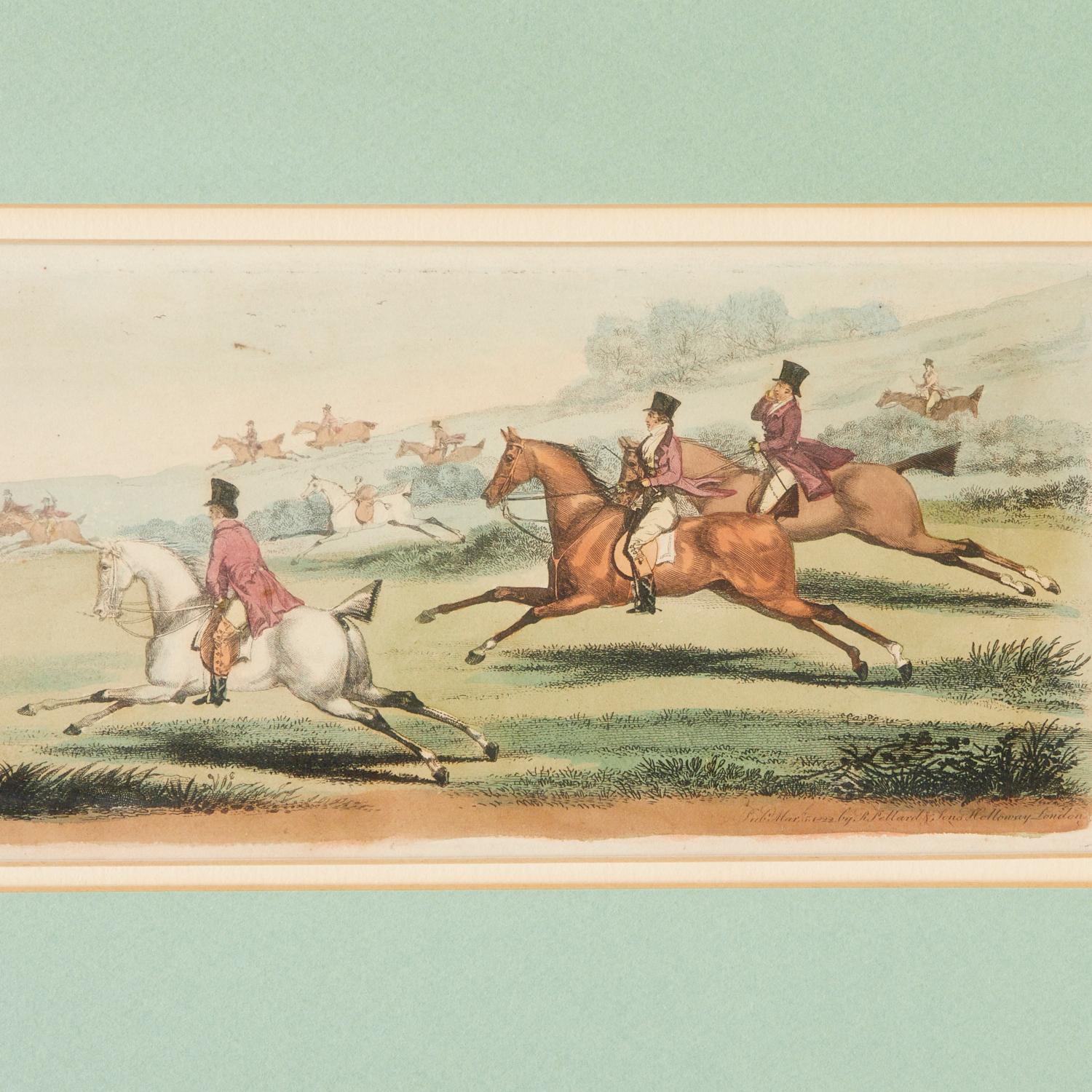 Glass Four Framed Antique English Hand Colored Equestrian Engravings Pollard & Sons