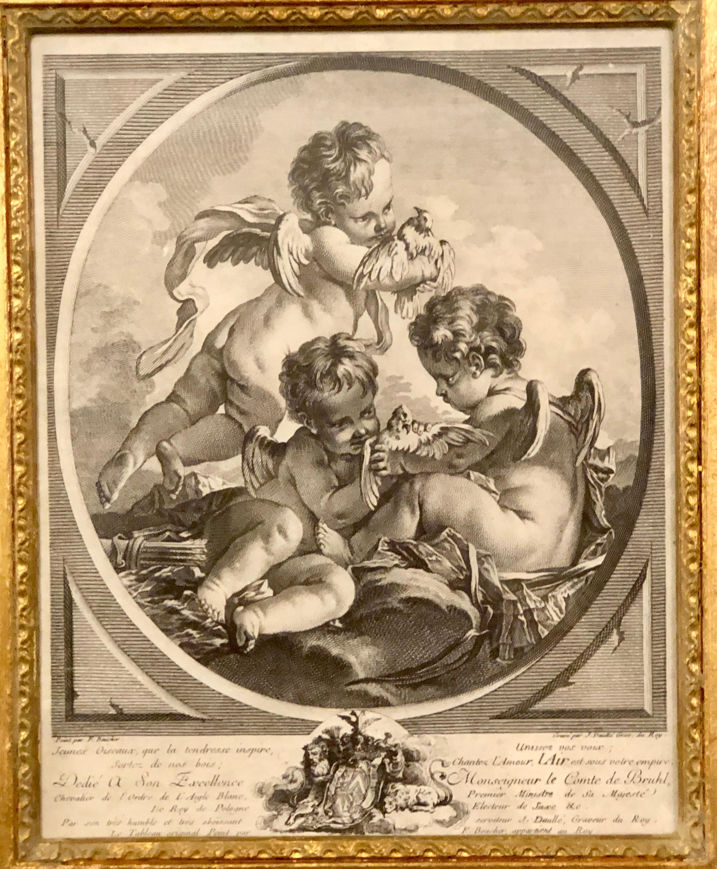 Giltwood Four Framed Elements “Putti” Etchings after François Boucher’s