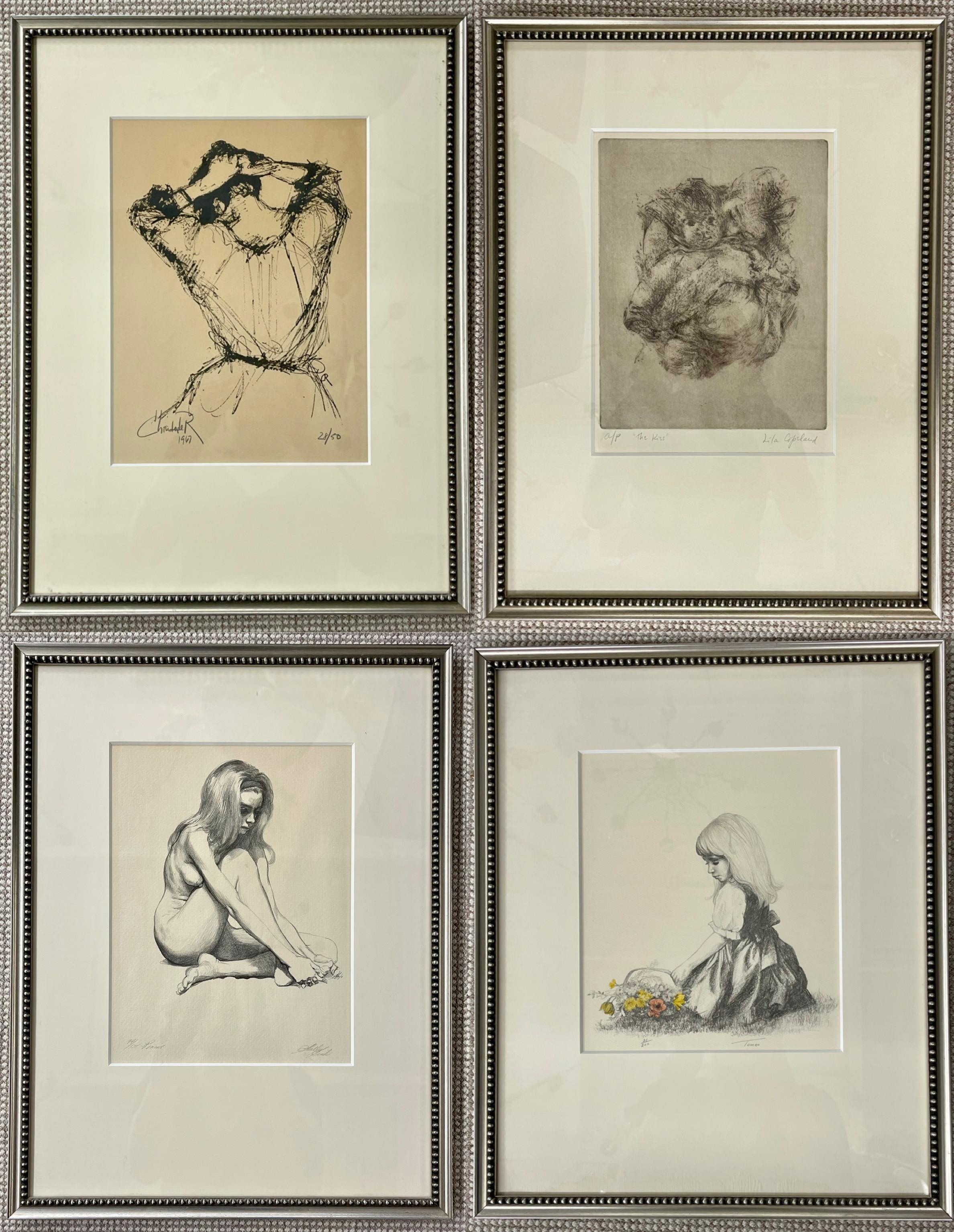 Four framed pencil Signed and Numbered Etchings. Finely framed and matted. A simply lovely group of wall decorations. Each hand drawn, signed and numbered in custom finely framed and matted mountings. 15 by 20 inches framed.