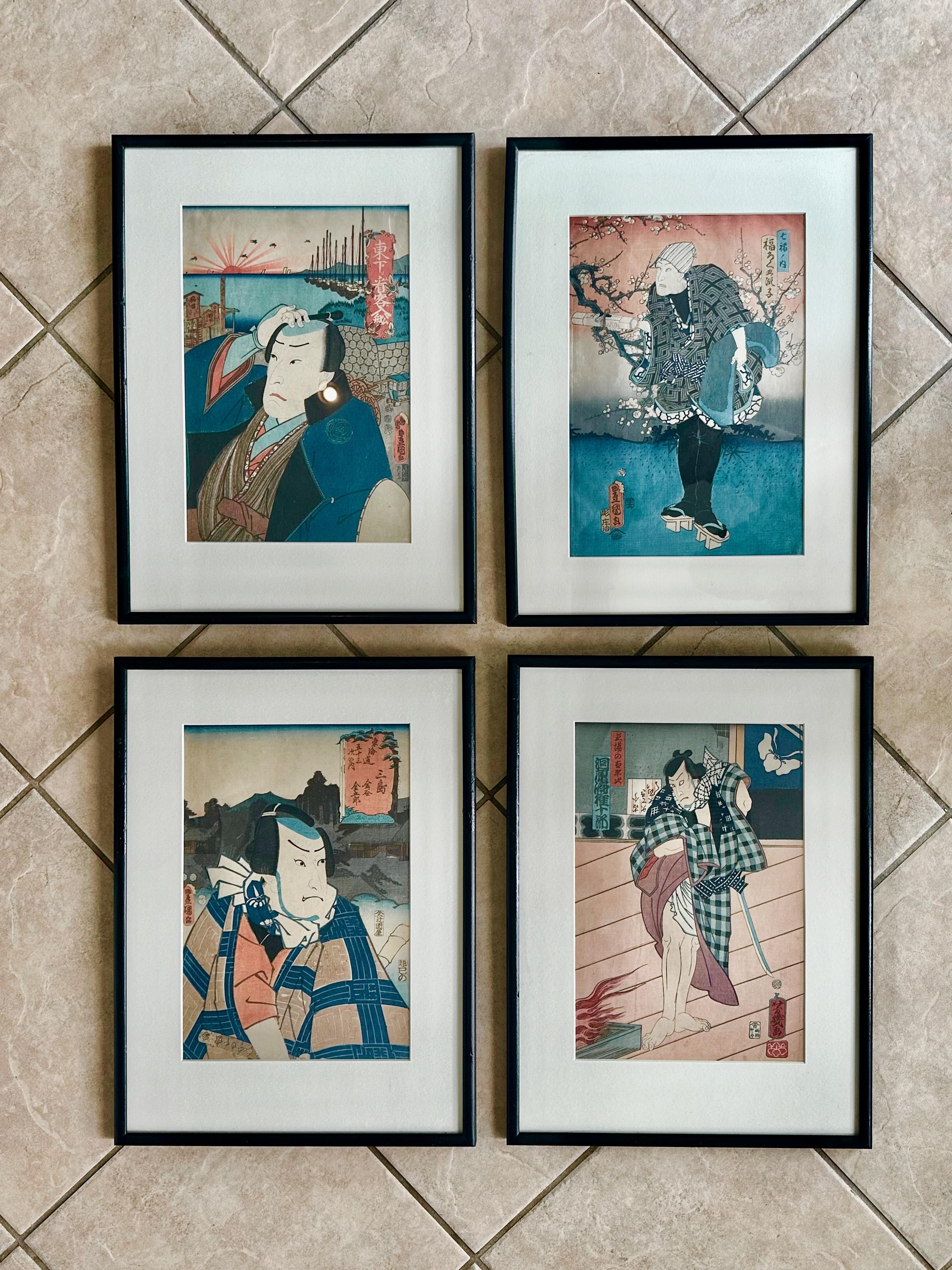 Vier gerahmte und paspelierte japanische Original-Holzschnitte von Utagawa Kunisada (1786 - 1865)  auch bekannt als Toyokuni III, um 1855 geschaffen. Rahmengröße 19,5