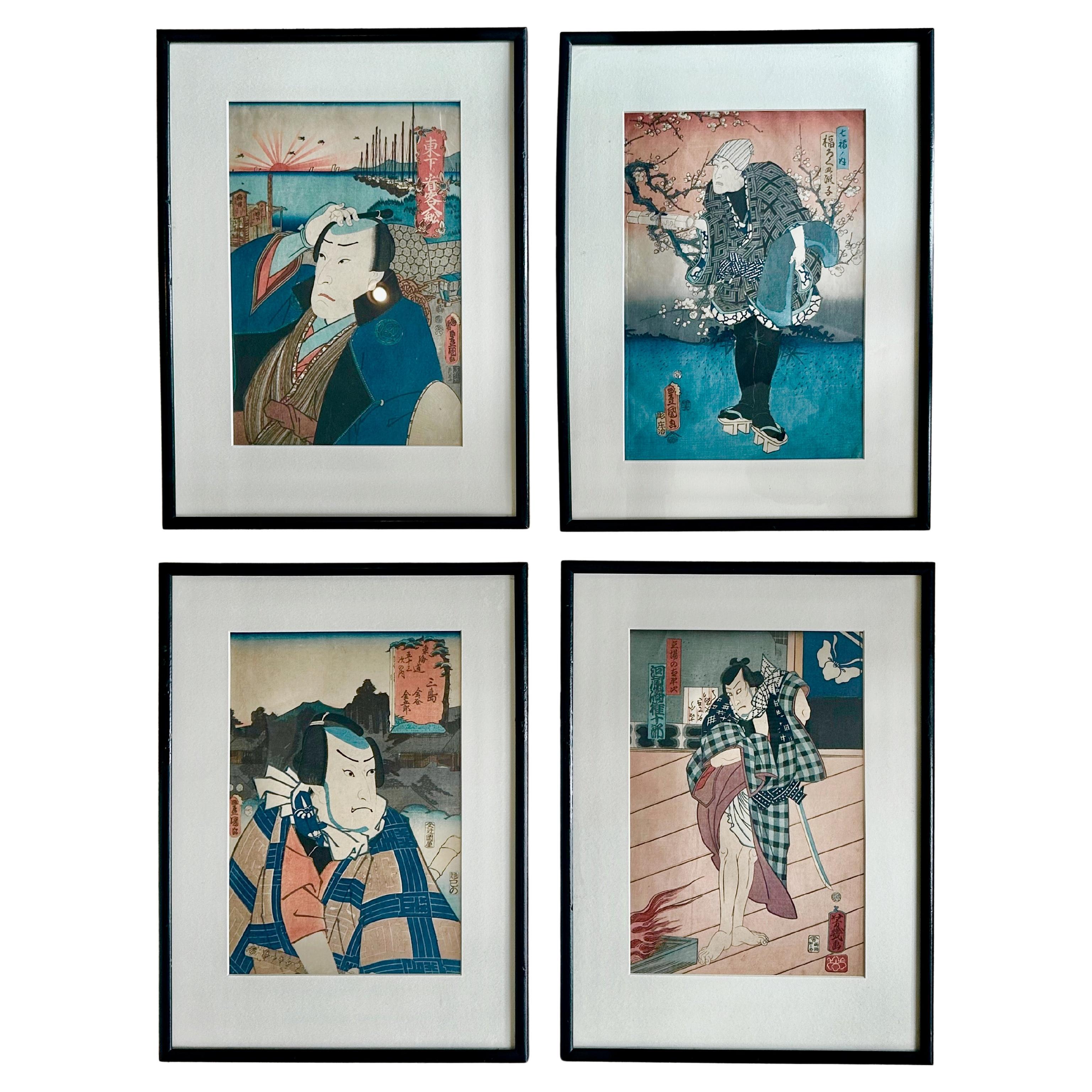Cuatro xilografías enmarcadas de Utagawa Kunisada  Periodo Edo