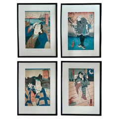 Quatre gravures sur bois encadrées d'Utagawa Kunisada  Période Edo
