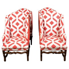 Quatre chaises Wingback françaises des années 1920 avec bases en os de mouton et tissu d'ameublement