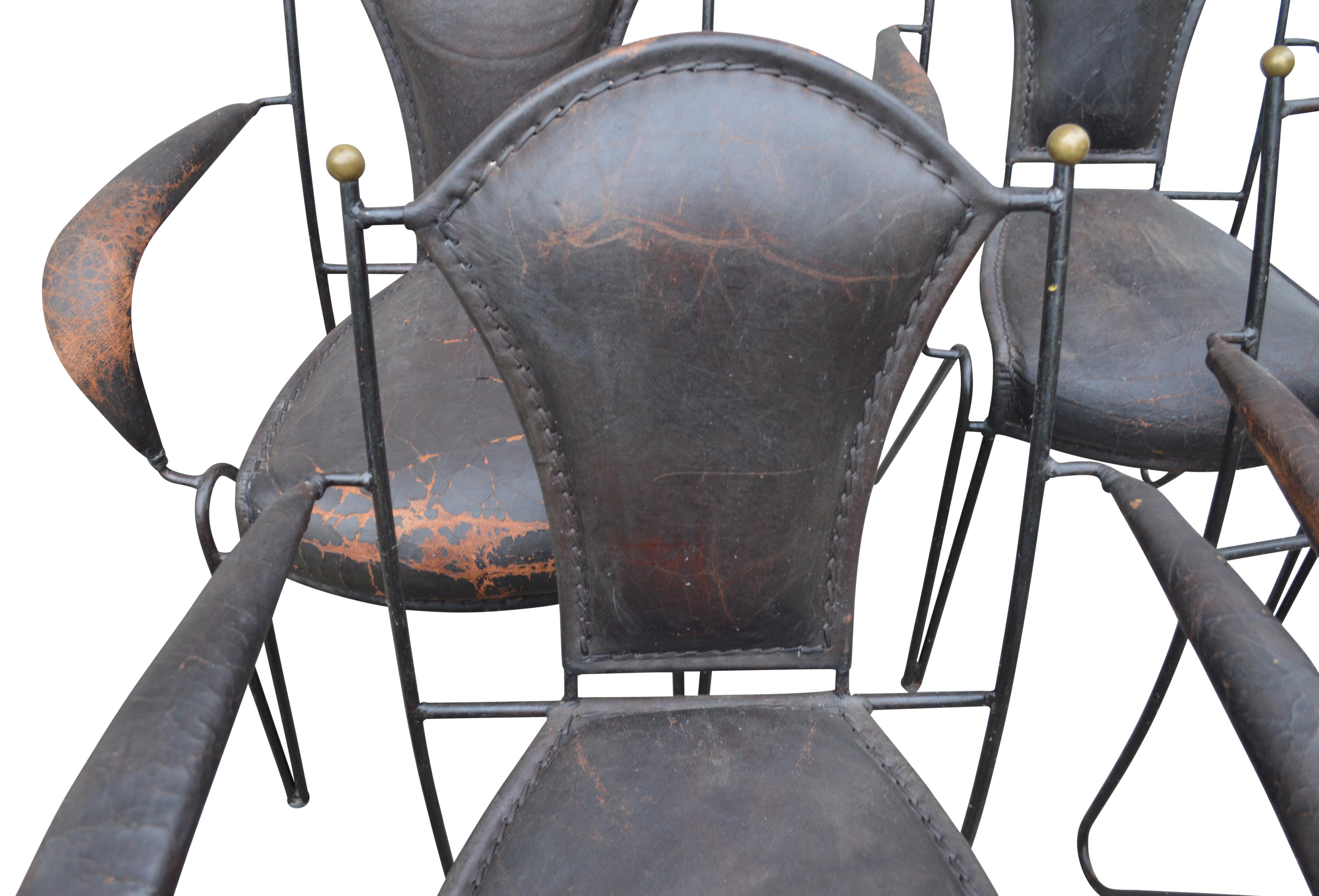 Four French 1950s Stitched Leather Patio Armchairs By Jacques Adnet 5