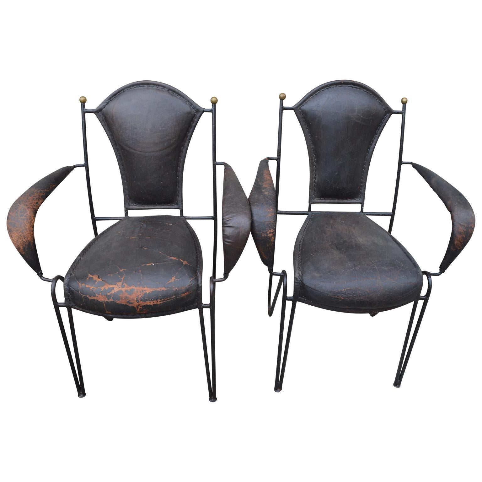 Painted Four French 1950s Stitched Leather Patio Armchairs By Jacques Adnet