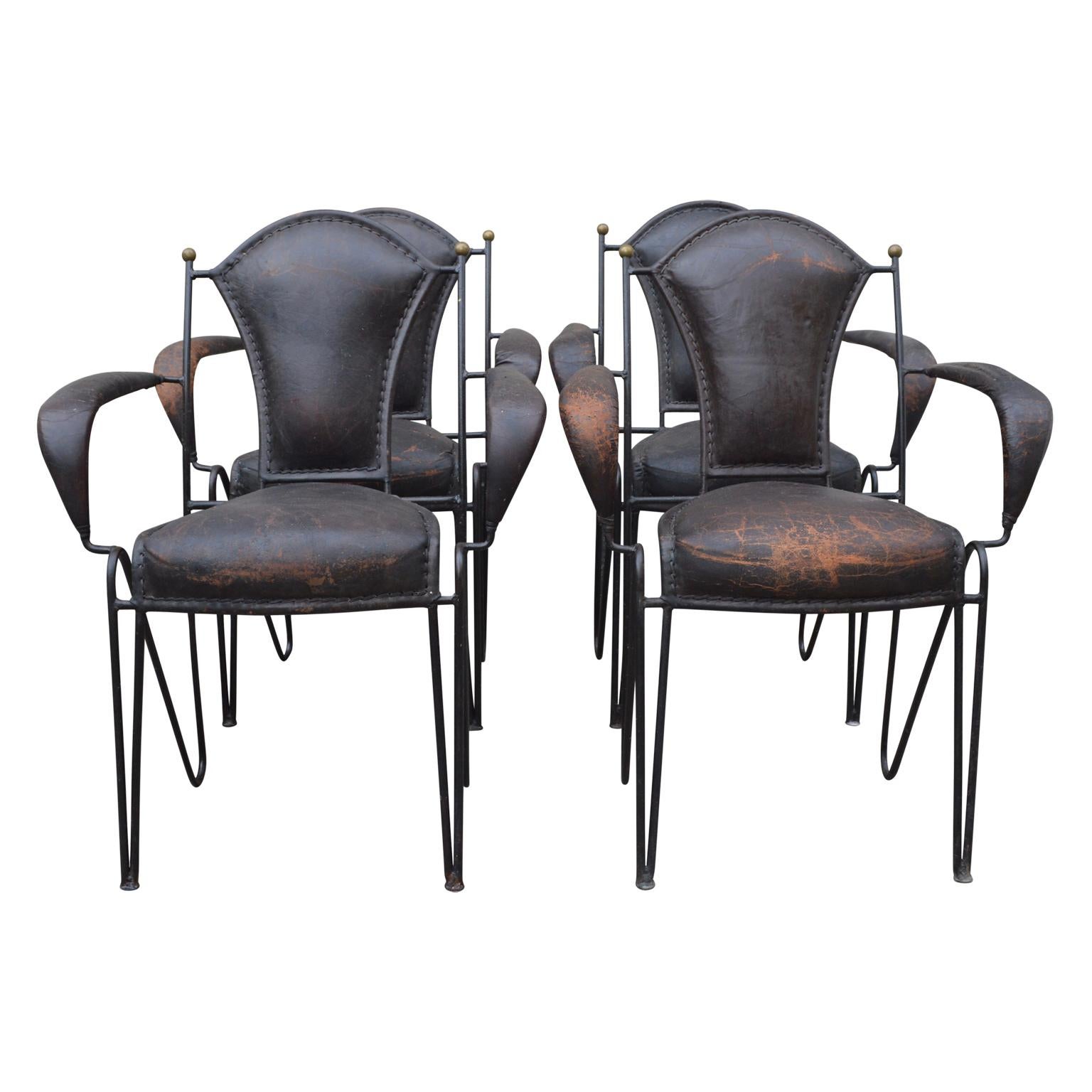 Four French 1950s Stitched Leather Patio Armchairs By Jacques Adnet In Good Condition In Haddonfield, NJ