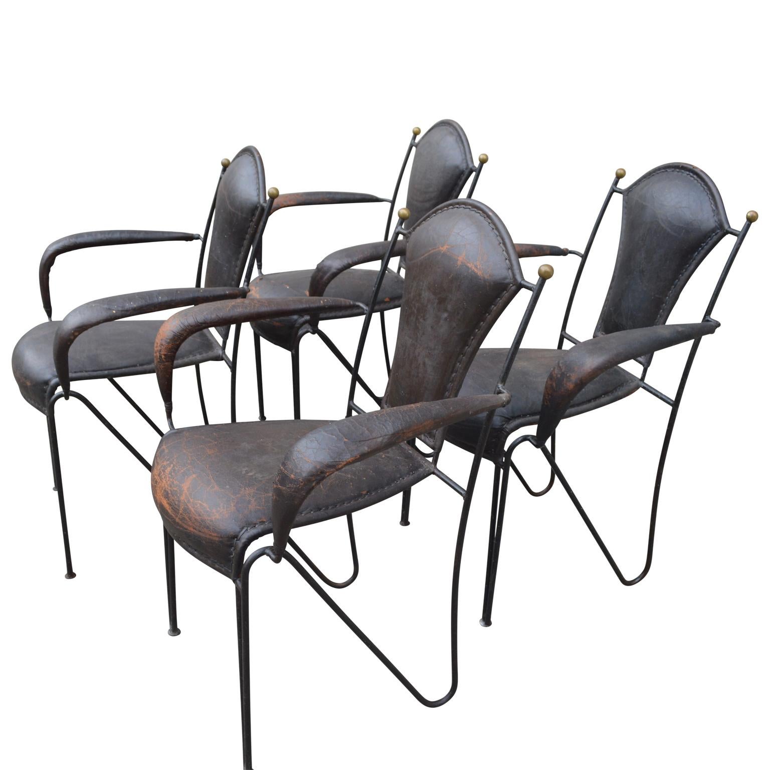 Art Deco Four French 1950s Stitched Leather Patio Armchairs By Jacques Adnet