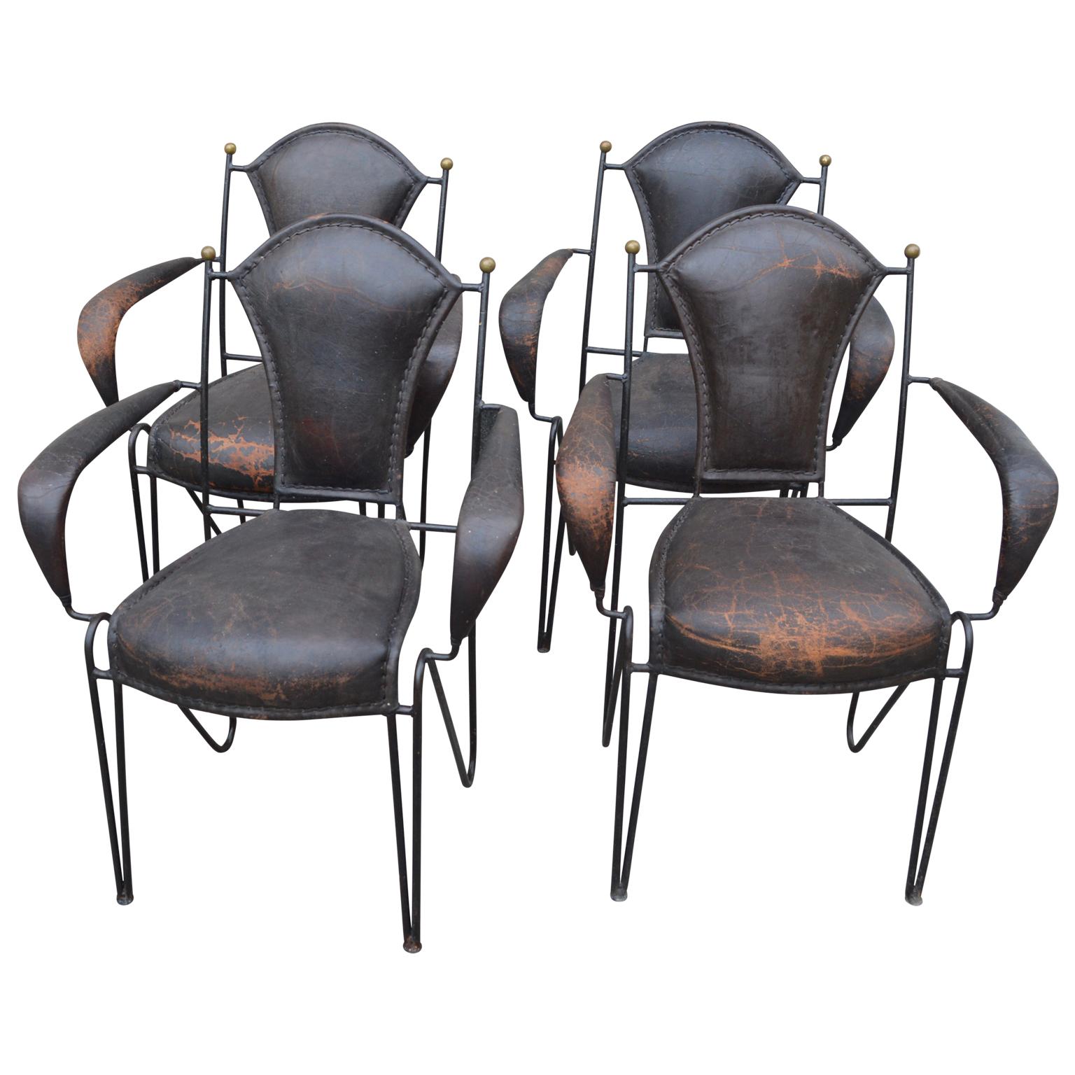 Four French 1950s Stitched Leather Patio Armchairs By Jacques Adnet 13