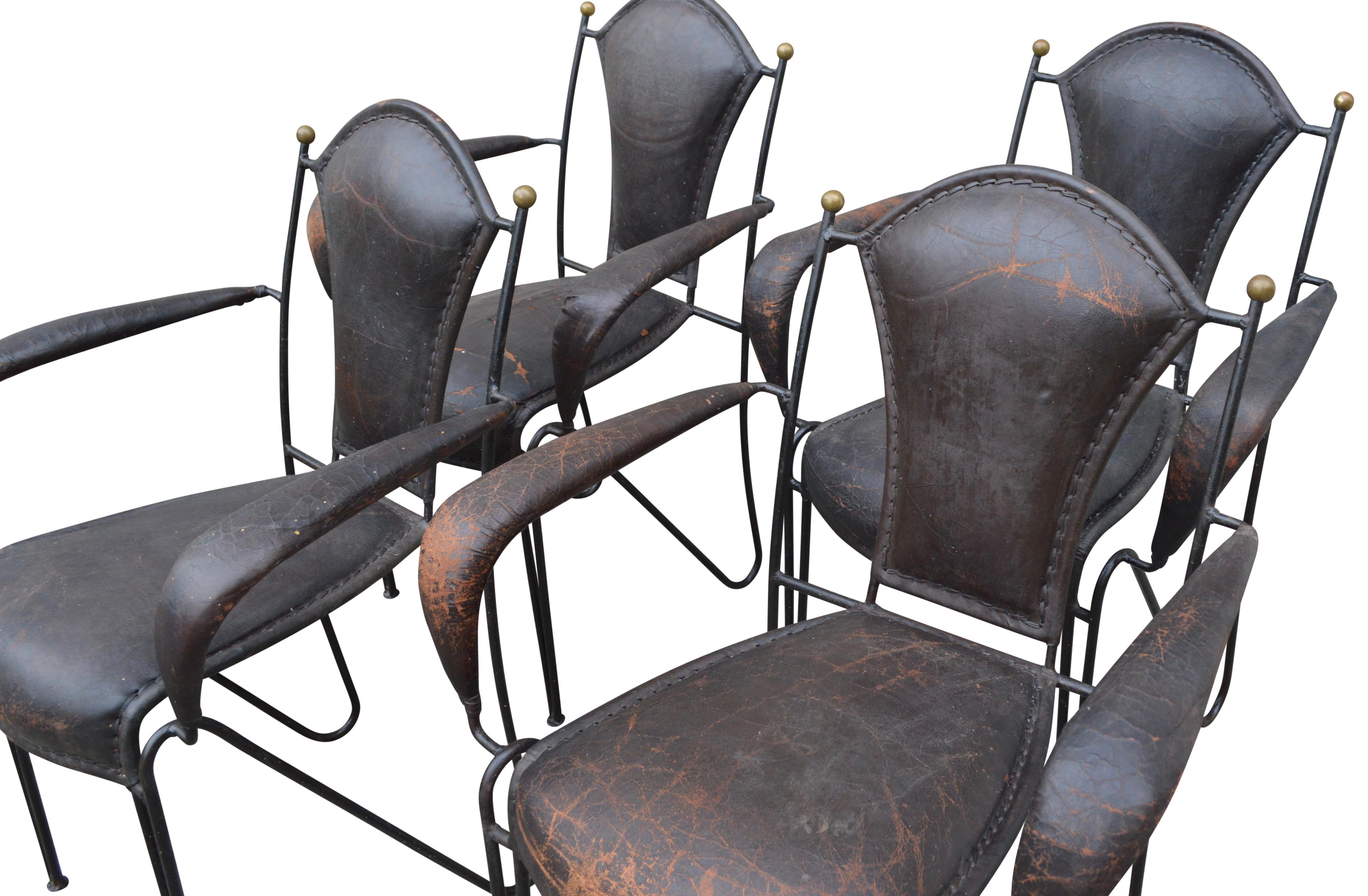 Four French 1950s Stitched Leather Patio Armchairs By Jacques Adnet 1