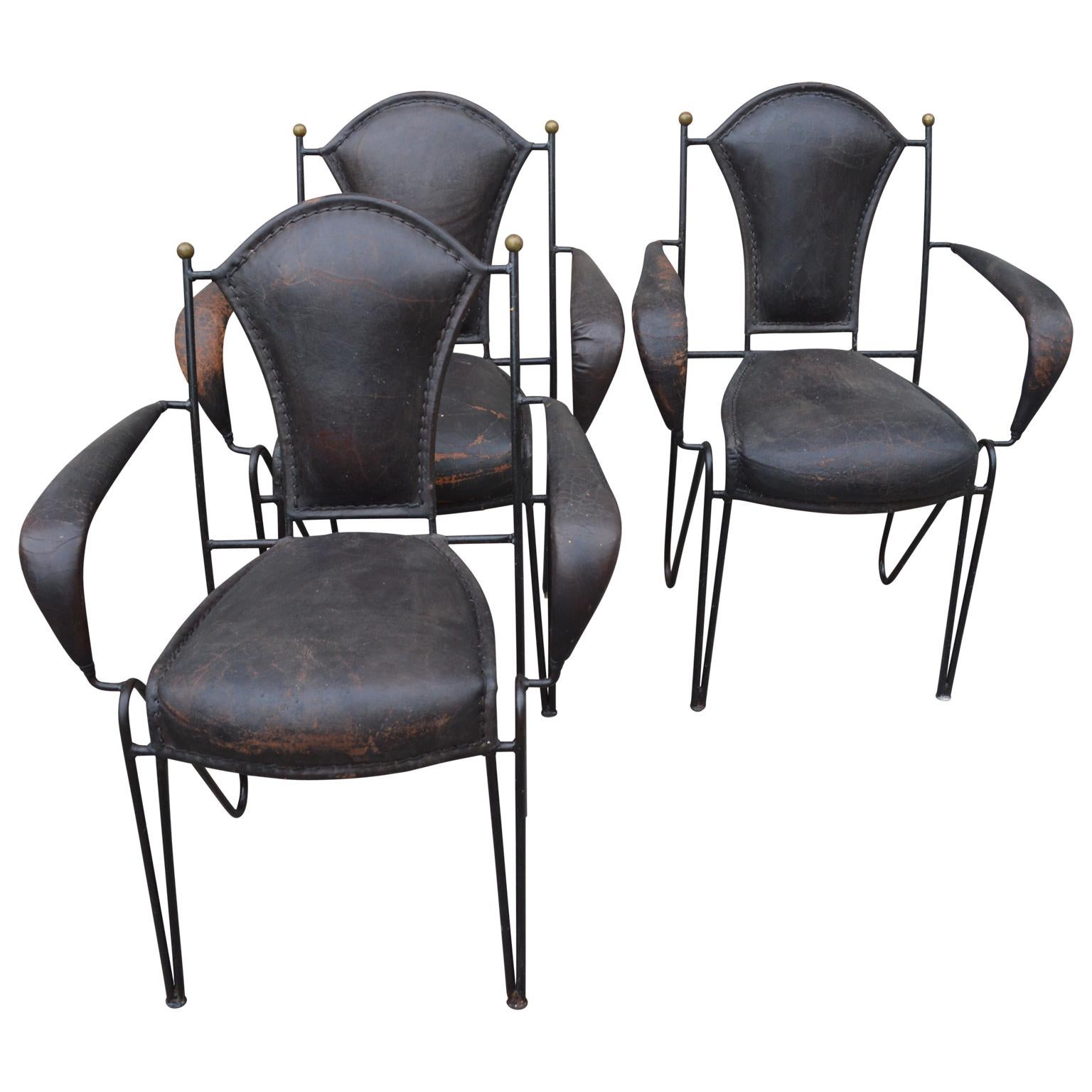 20th Century Four French 1950s Stitched Leather Patio Armchairs By Jacques Adnet