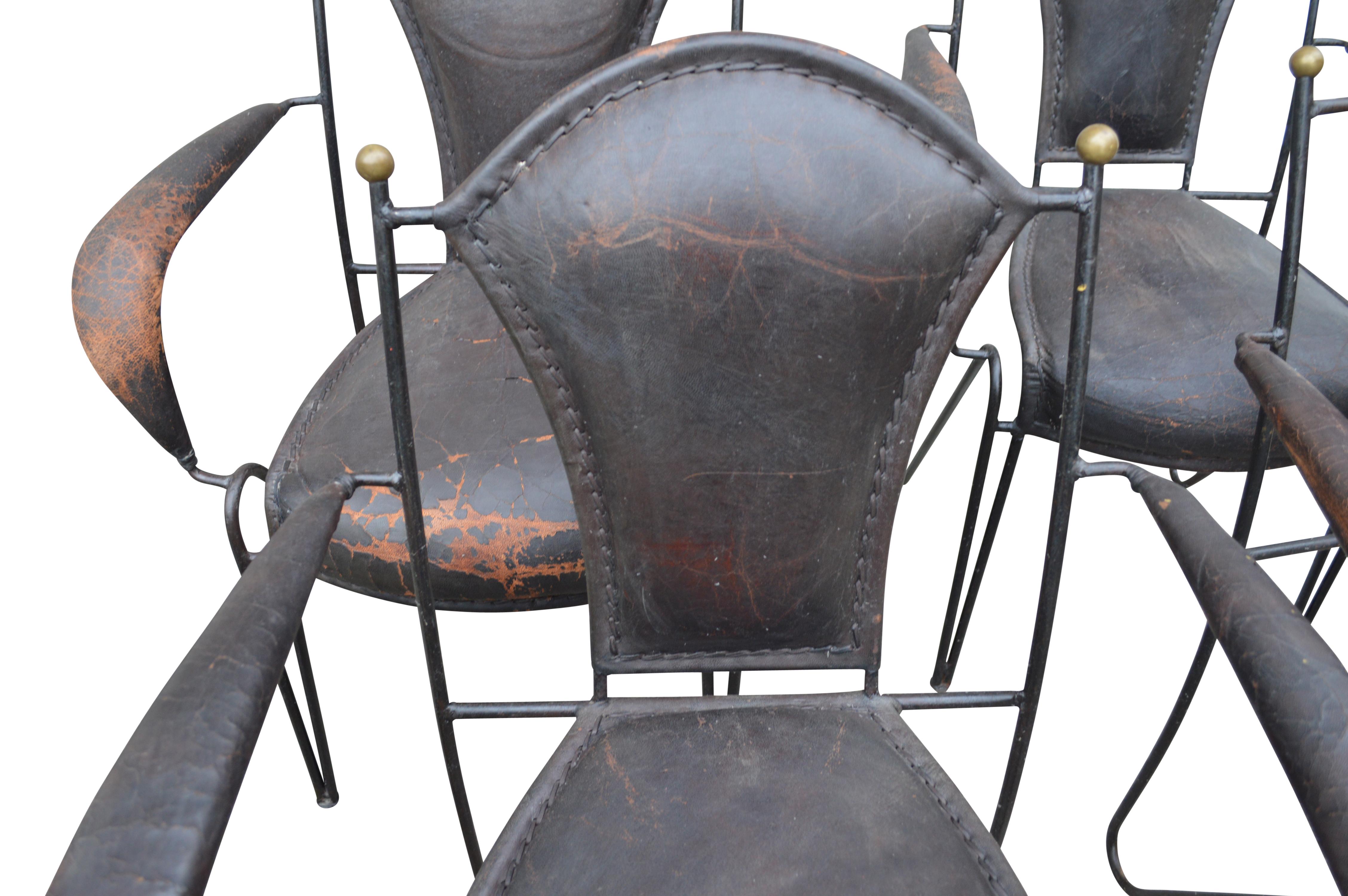 Four French 1950s Stitched Leather Patio Armchairs By Jacques Adnet 3