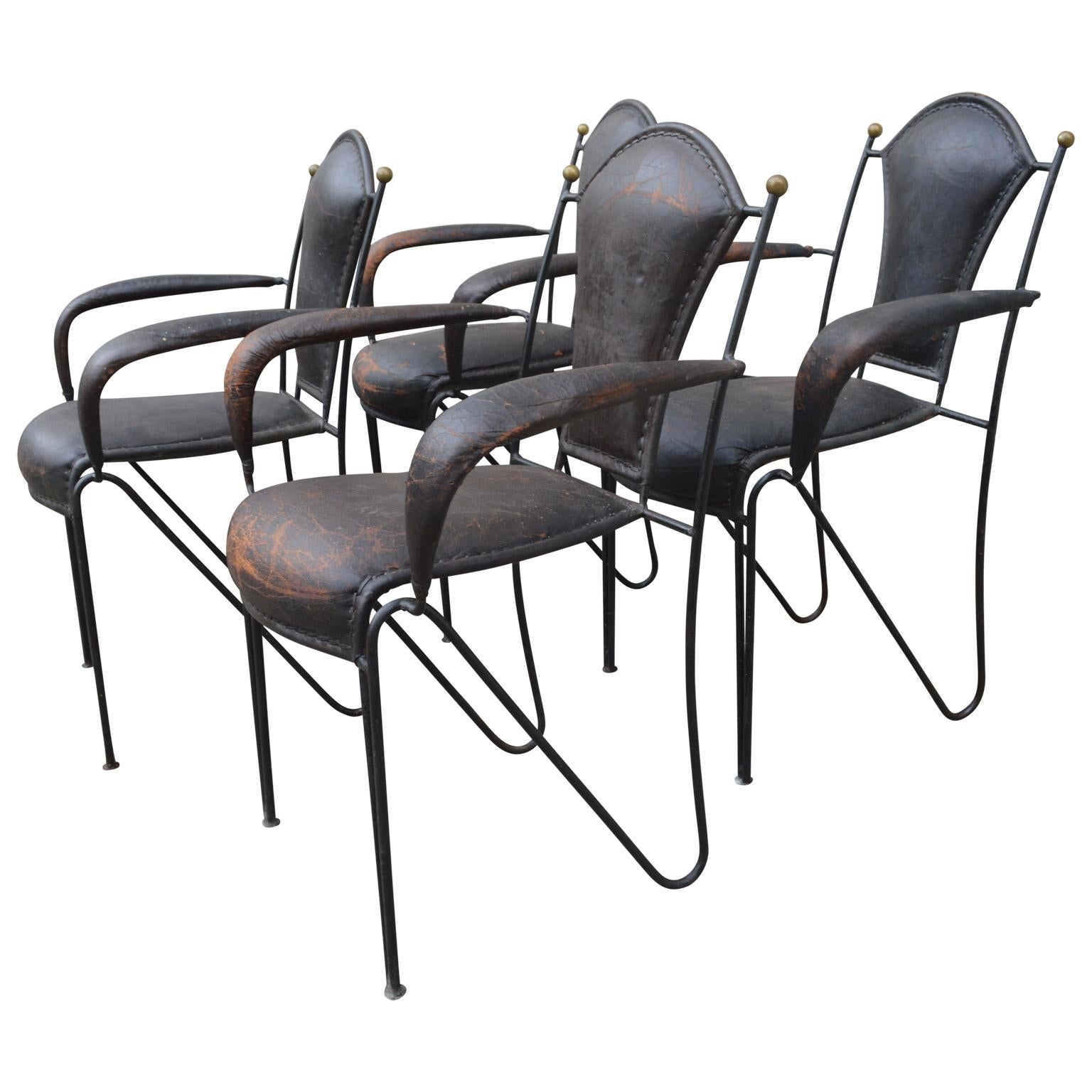 Brass Four French 1950s Stitched Leather Patio Armchairs By Jacques Adnet