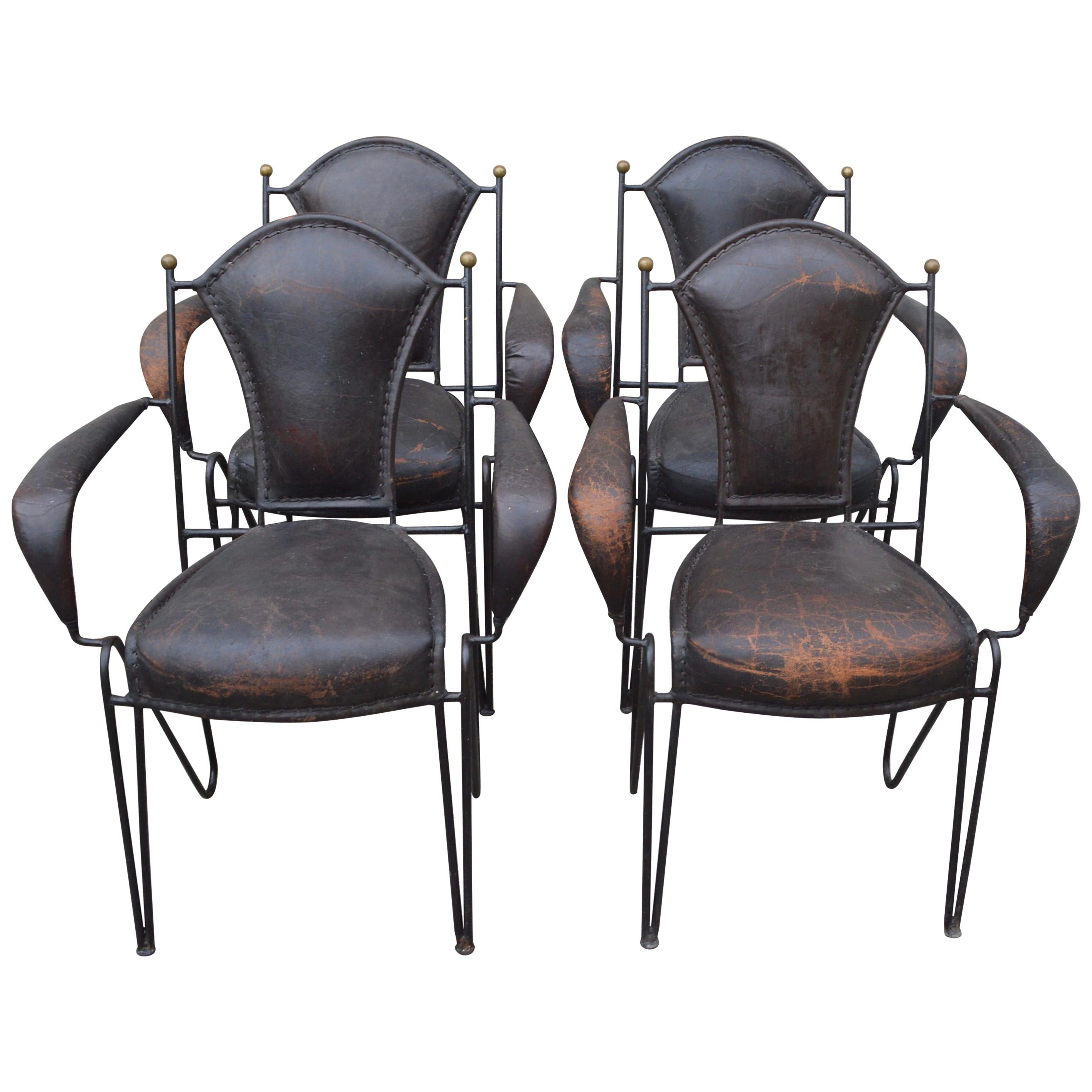 Four French 1950s Stitched Leather Patio Armchairs By Jacques Adnet