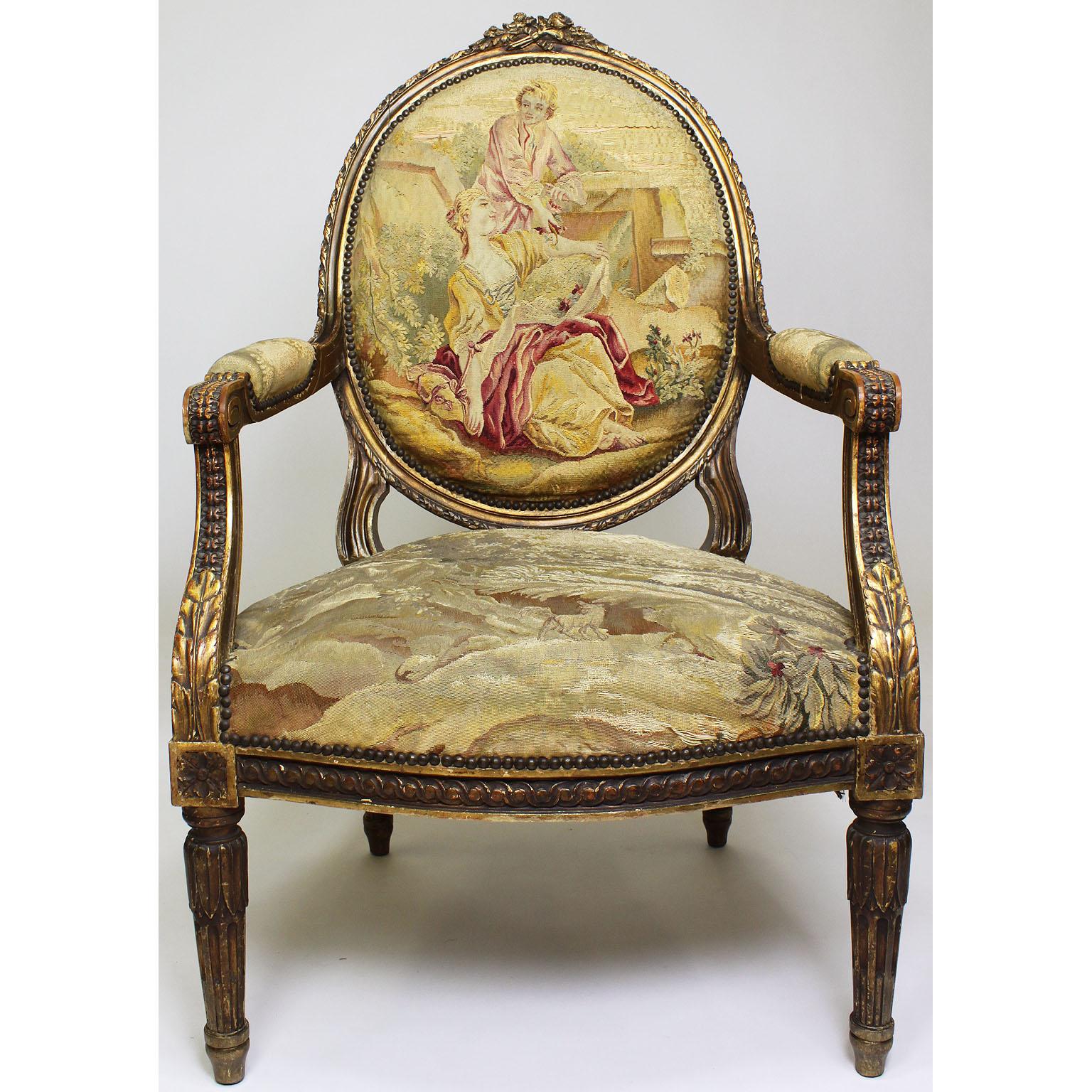 Four French 19th Century Louis XVI Style Giltwood Carved and Aubusson Armchairs For Sale 7