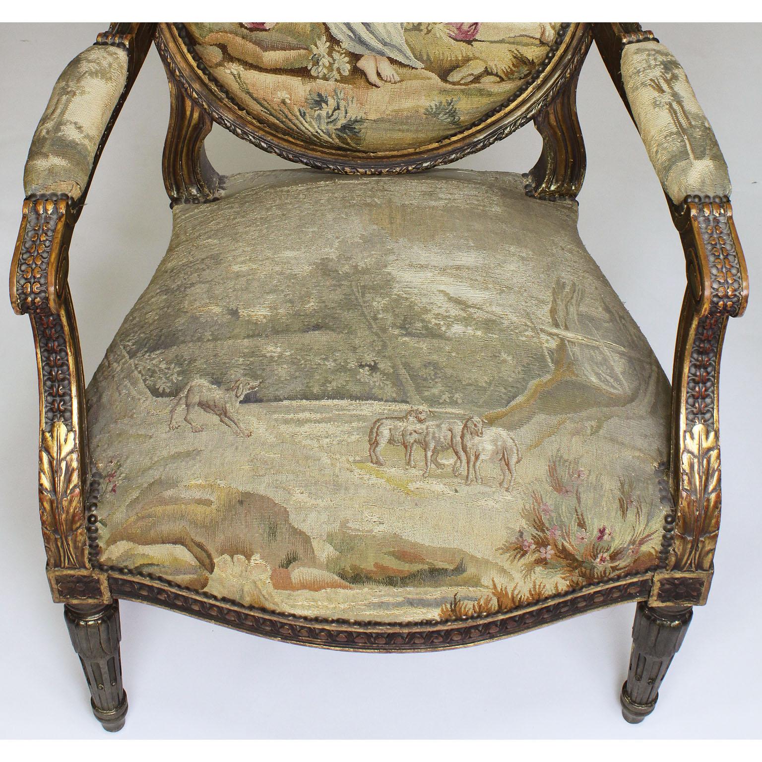 Four French 19th Century Louis XVI Style Giltwood Carved and Aubusson Armchairs For Sale 8