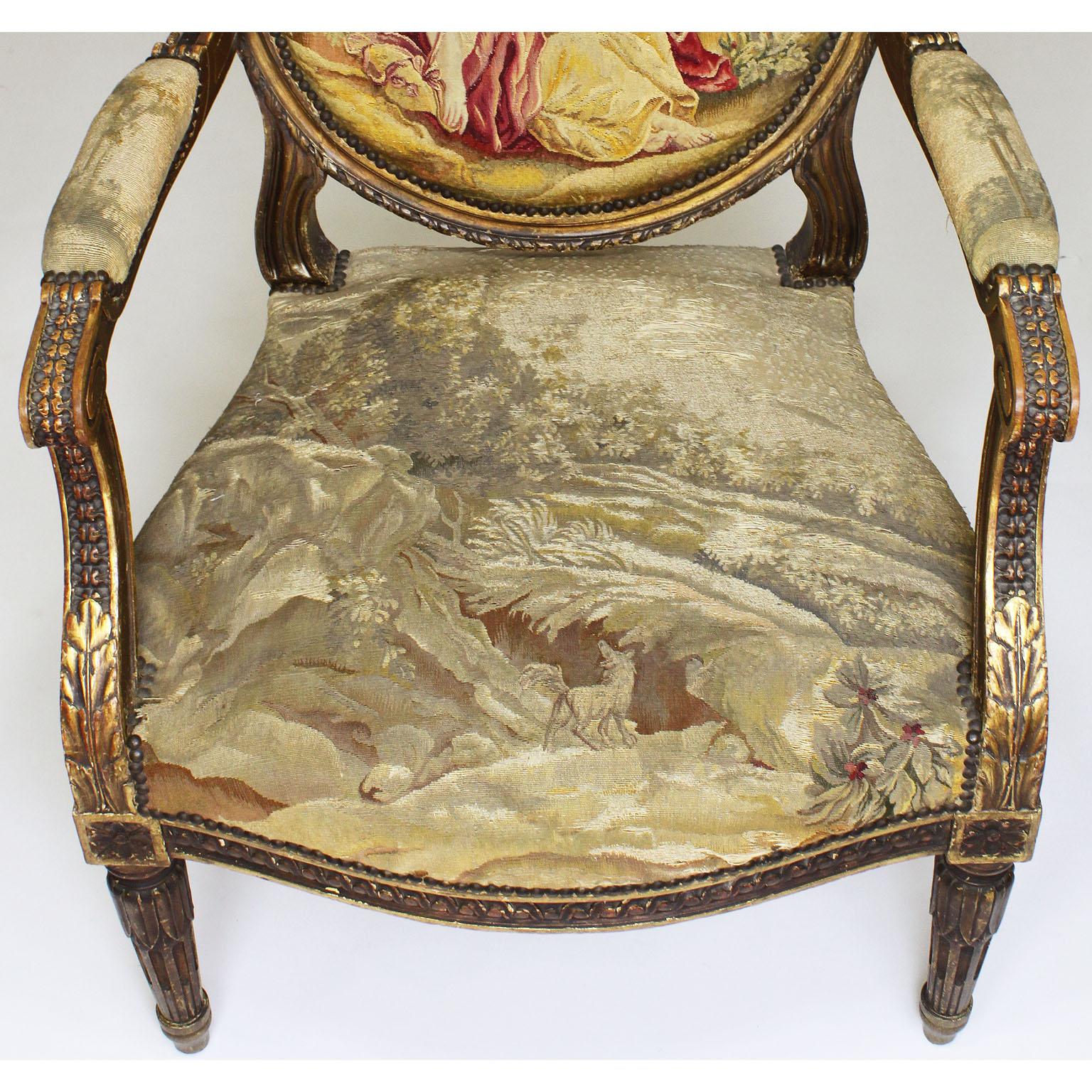 Four French 19th Century Louis XVI Style Giltwood Carved and Aubusson Armchairs For Sale 10