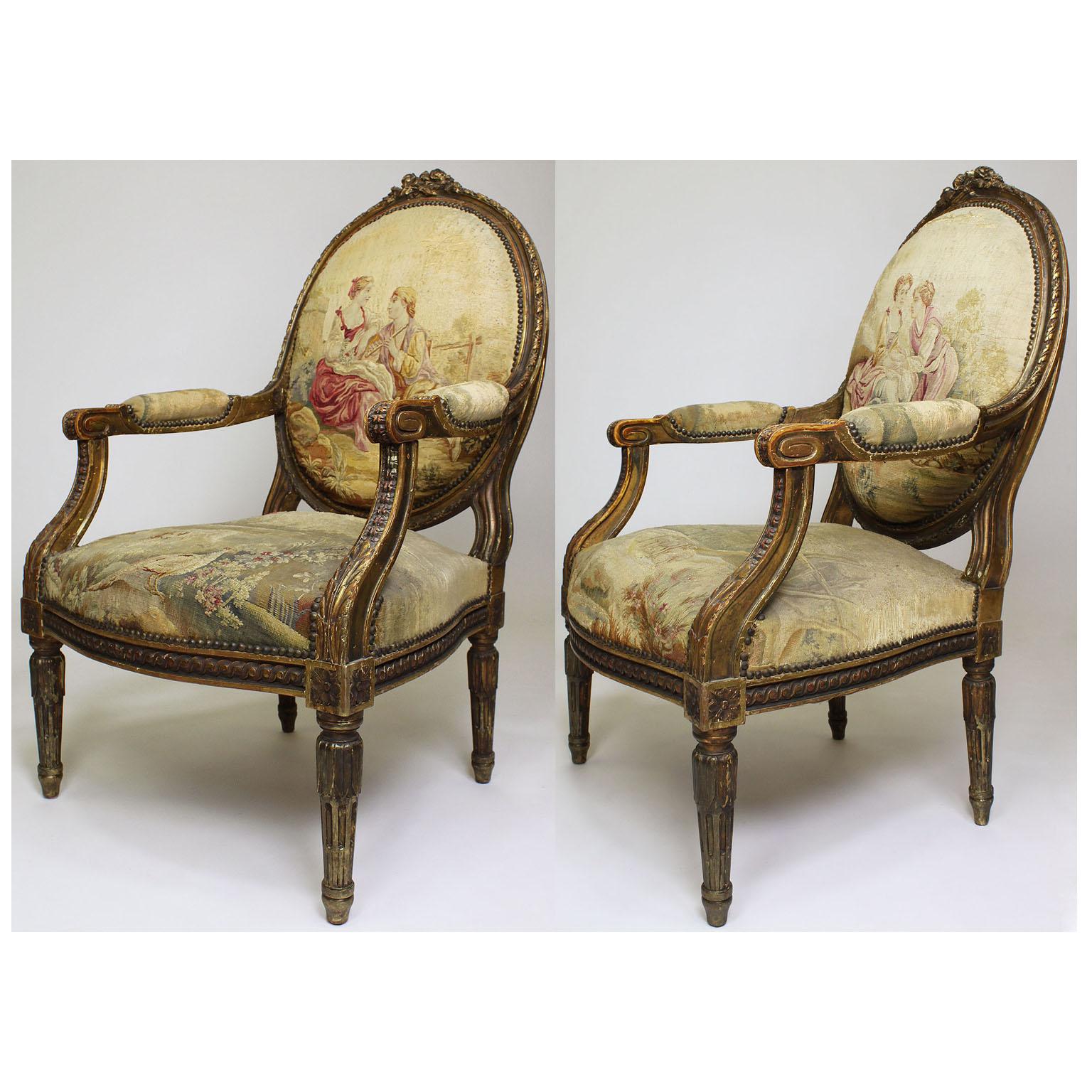 Four French 19th Century Louis XVI Style Giltwood Carved and Aubusson Armchairs For Sale 11
