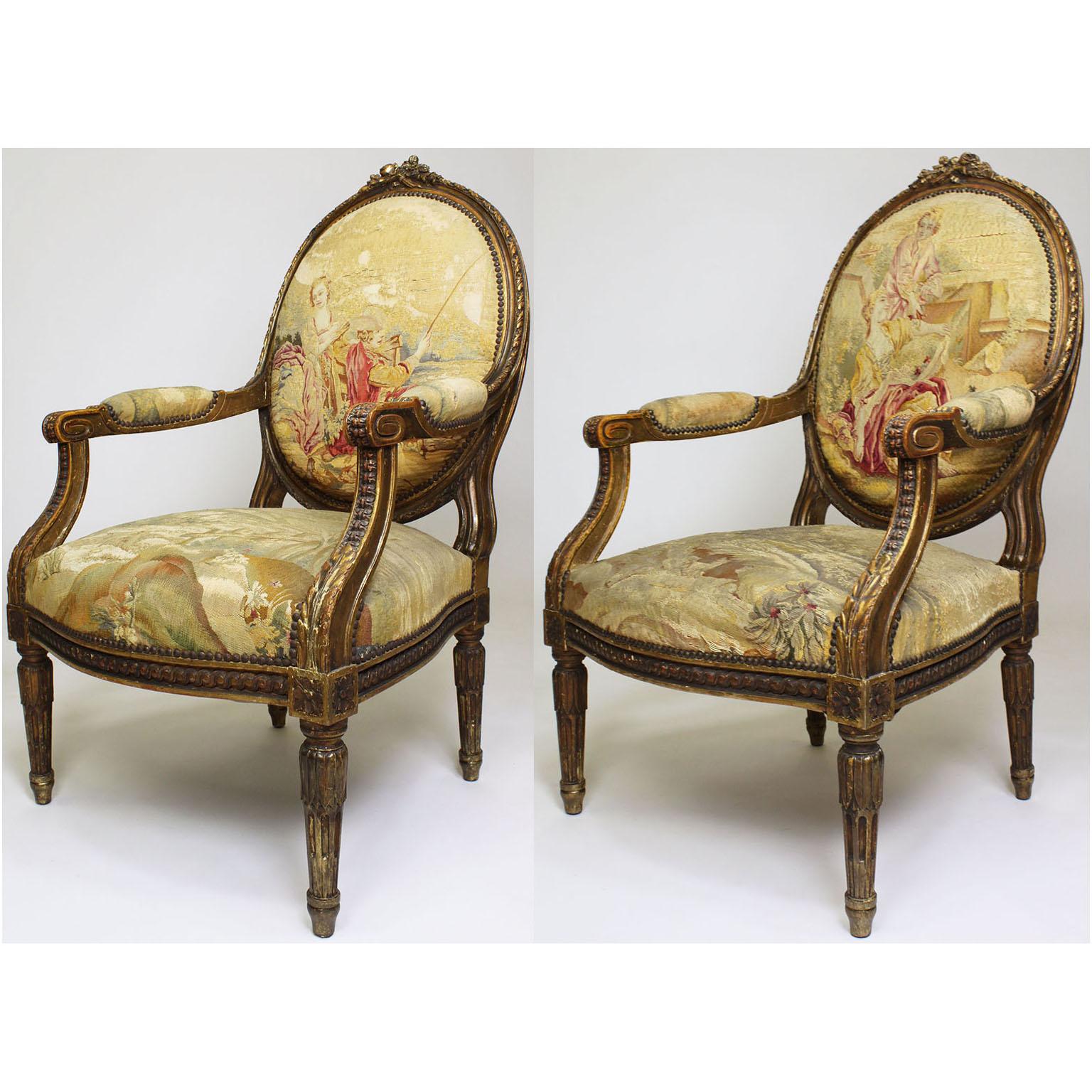 Four French 19th Century Louis XVI Style Giltwood Carved and Aubusson Armchairs For Sale 12