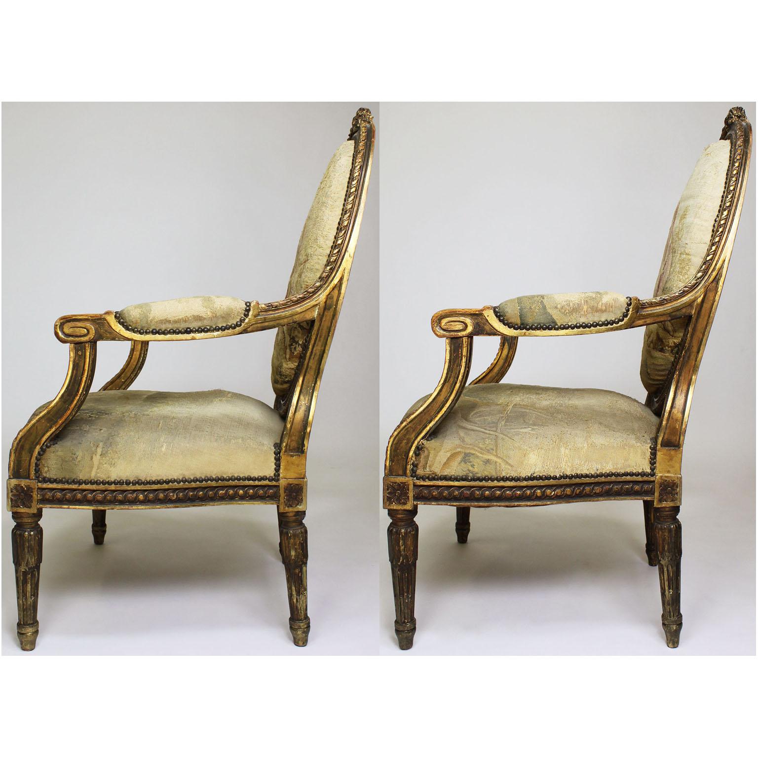 Four French 19th Century Louis XVI Style Giltwood Carved and Aubusson Armchairs For Sale 13