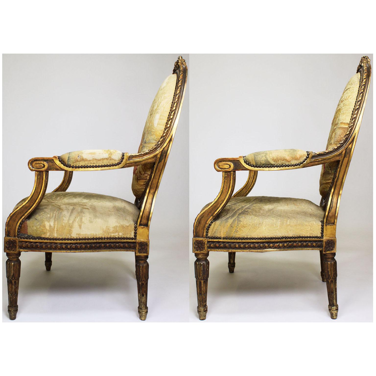 Four French 19th Century Louis XVI Style Giltwood Carved and Aubusson Armchairs For Sale 14