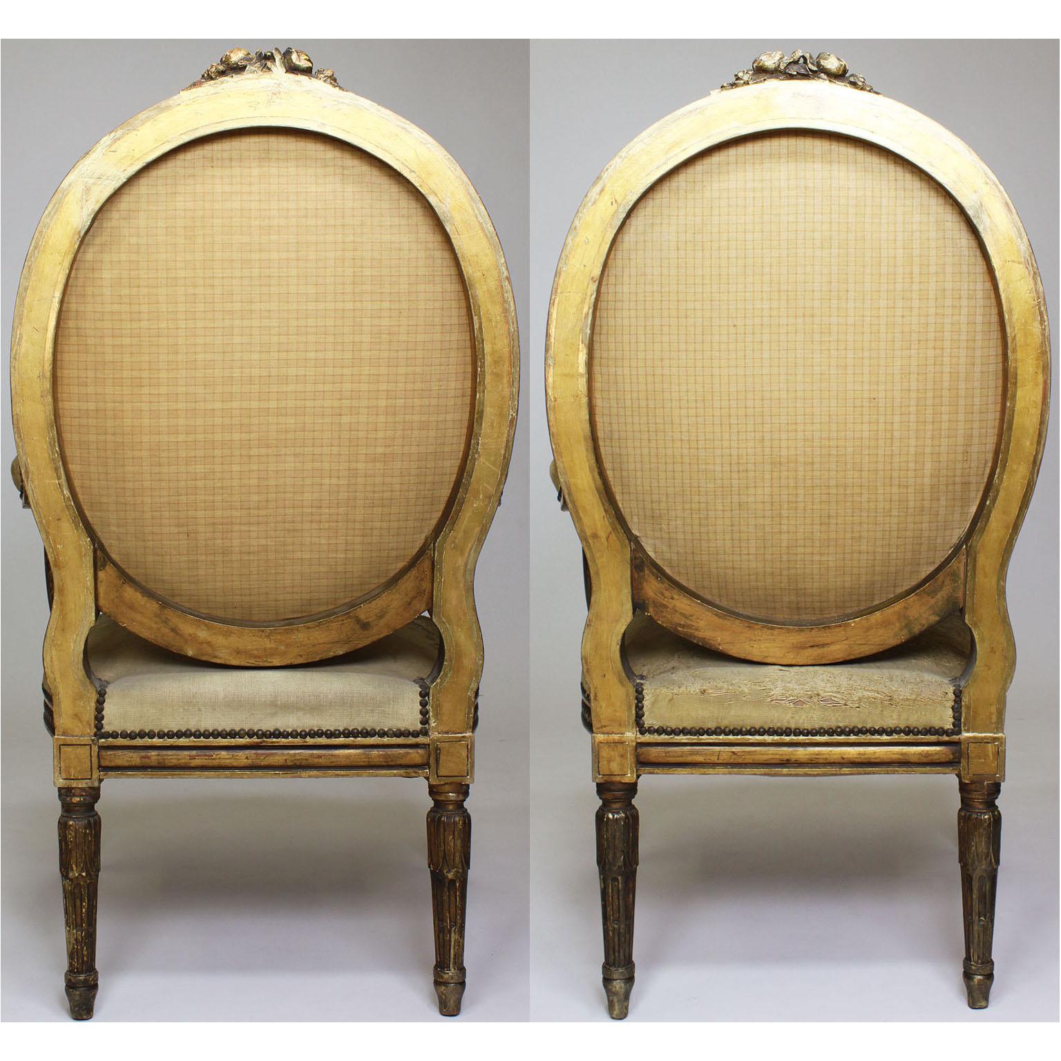 Four French 19th Century Louis XVI Style Giltwood Carved and Aubusson Armchairs For Sale 15