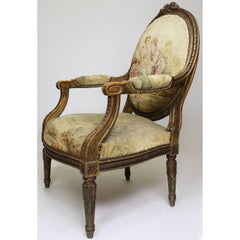 Four French 19th Century Louis XVI Style Giltwood Carved and Aubusson Armchairs