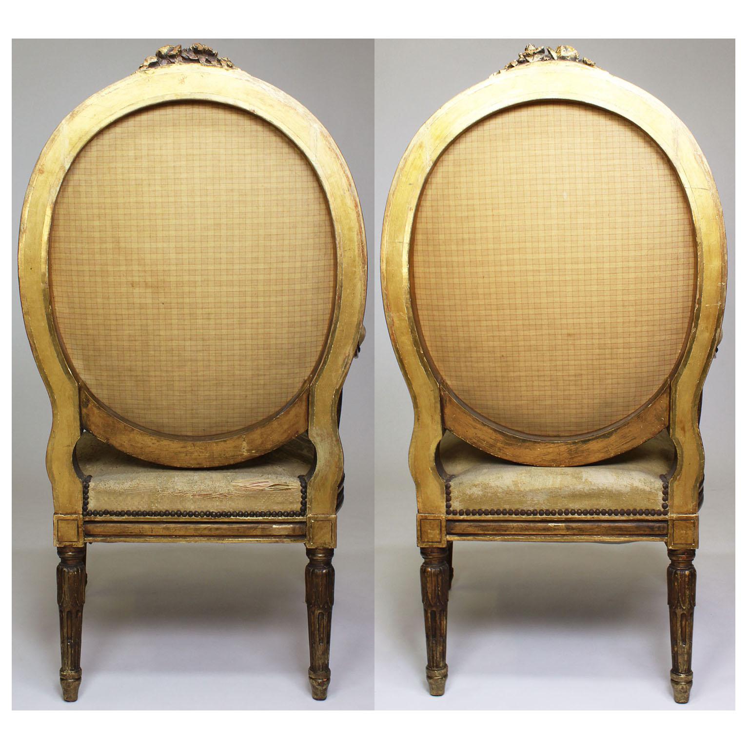 Four French 19th Century Louis XVI Style Giltwood Carved and Aubusson Armchairs For Sale 16