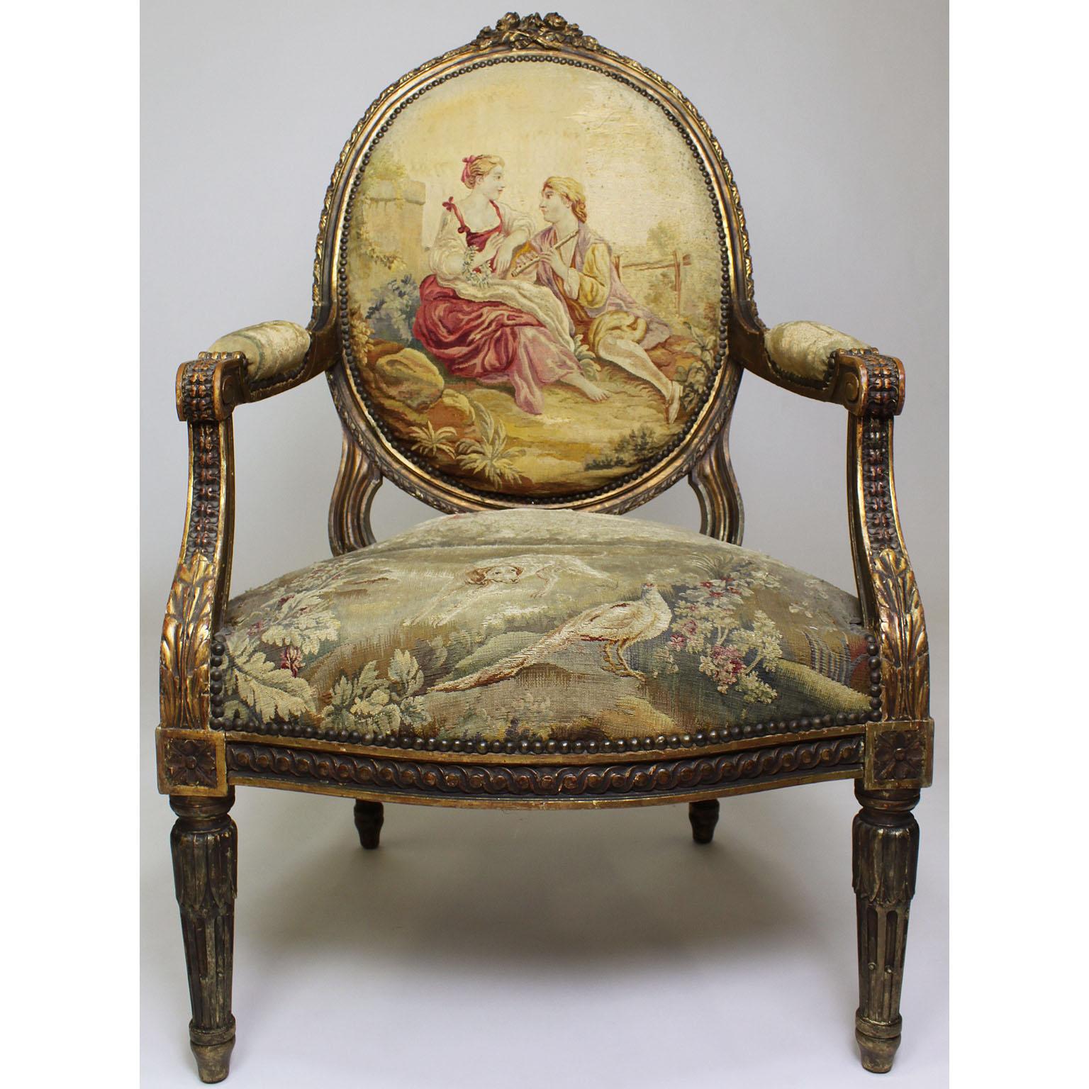 Four French 19th Century Louis XVI Style Giltwood Carved and Aubusson Armchairs In Distressed Condition For Sale In Los Angeles, CA