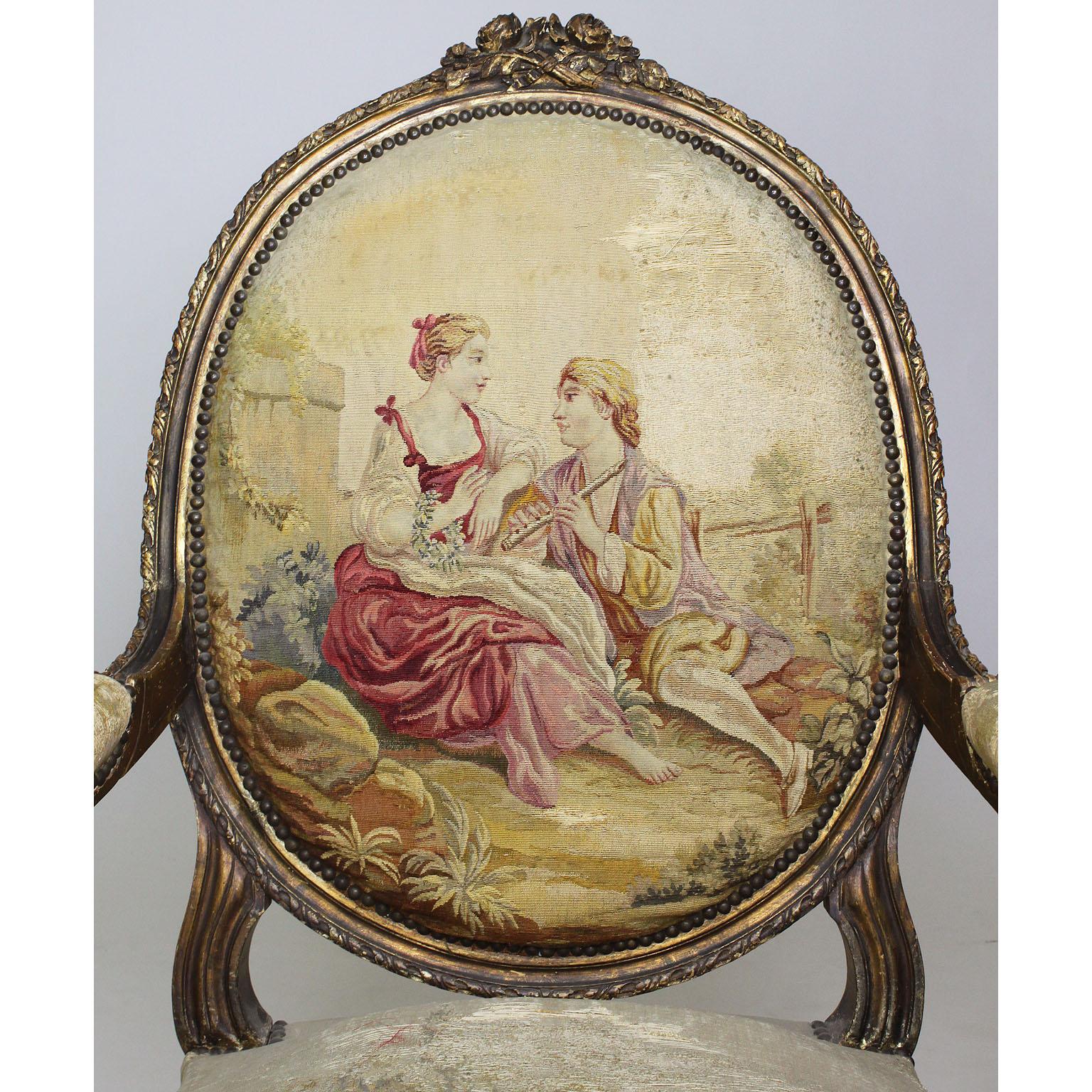 Tapestry Four French 19th Century Louis XVI Style Giltwood Carved and Aubusson Armchairs For Sale